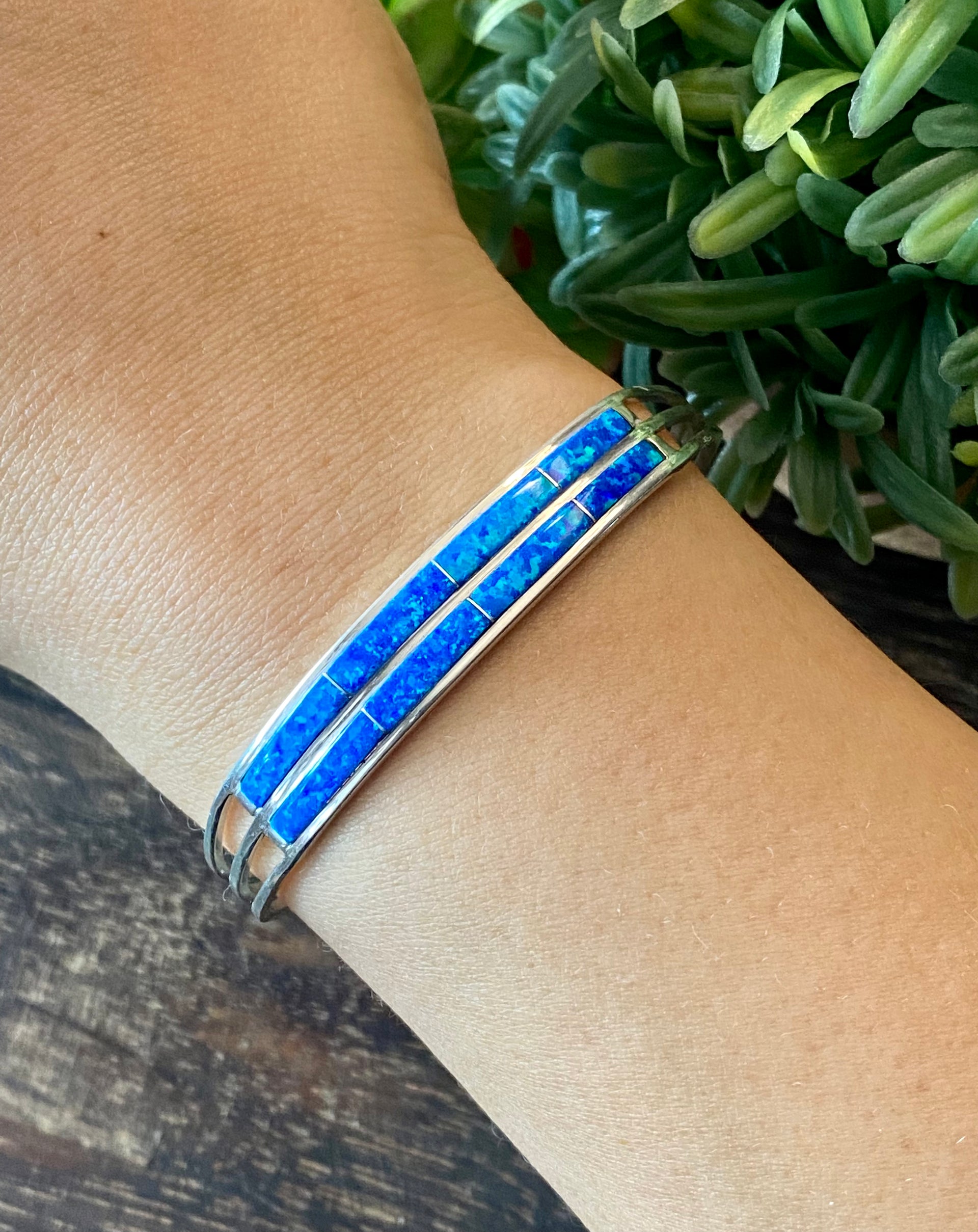 Navajo Made Blue Opal & Sterling Silver Inlay Cuff Bracelet