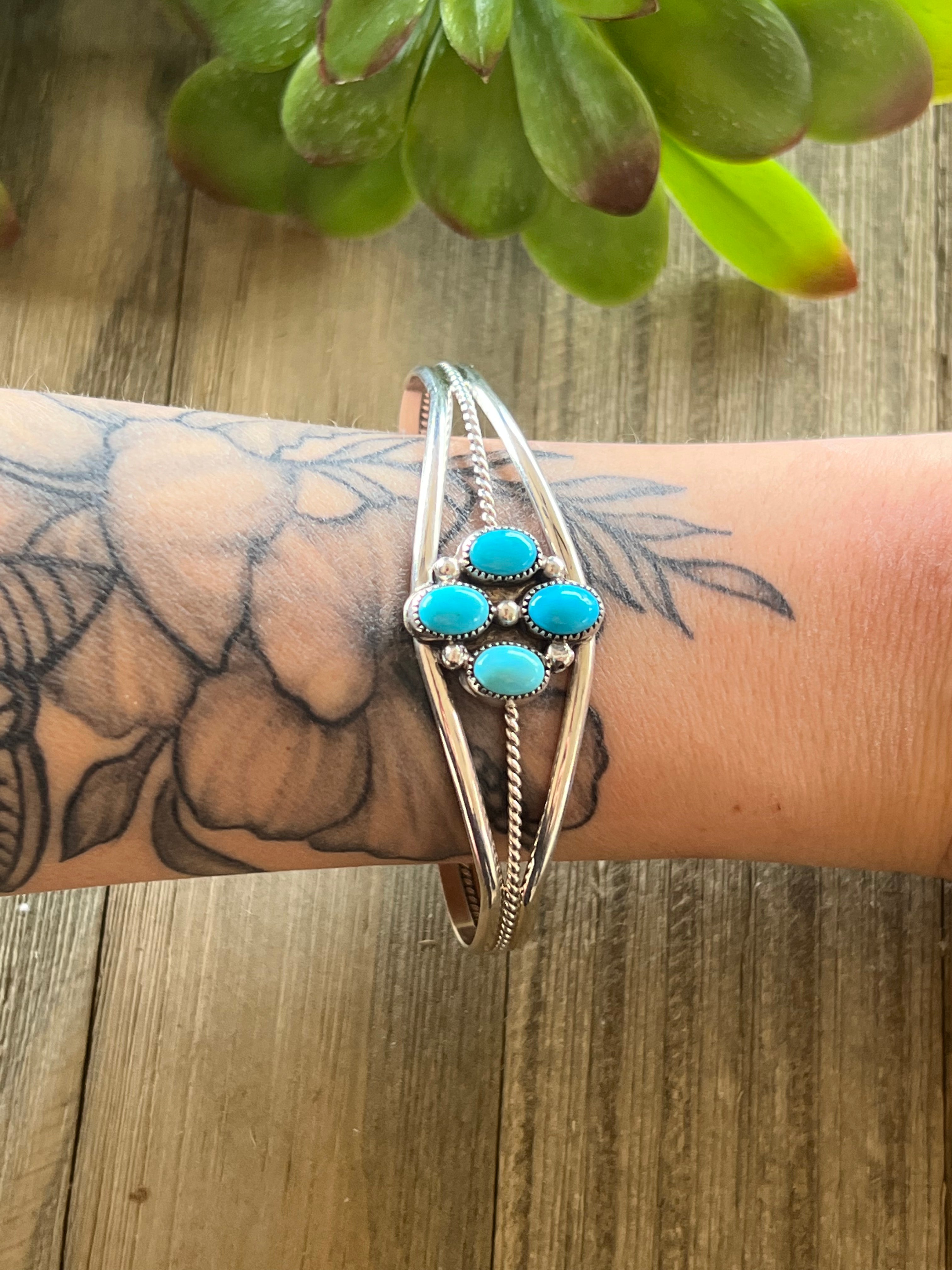 Navajo Made Sleeping Beauty & Sterling Silver Cuff Bracelet