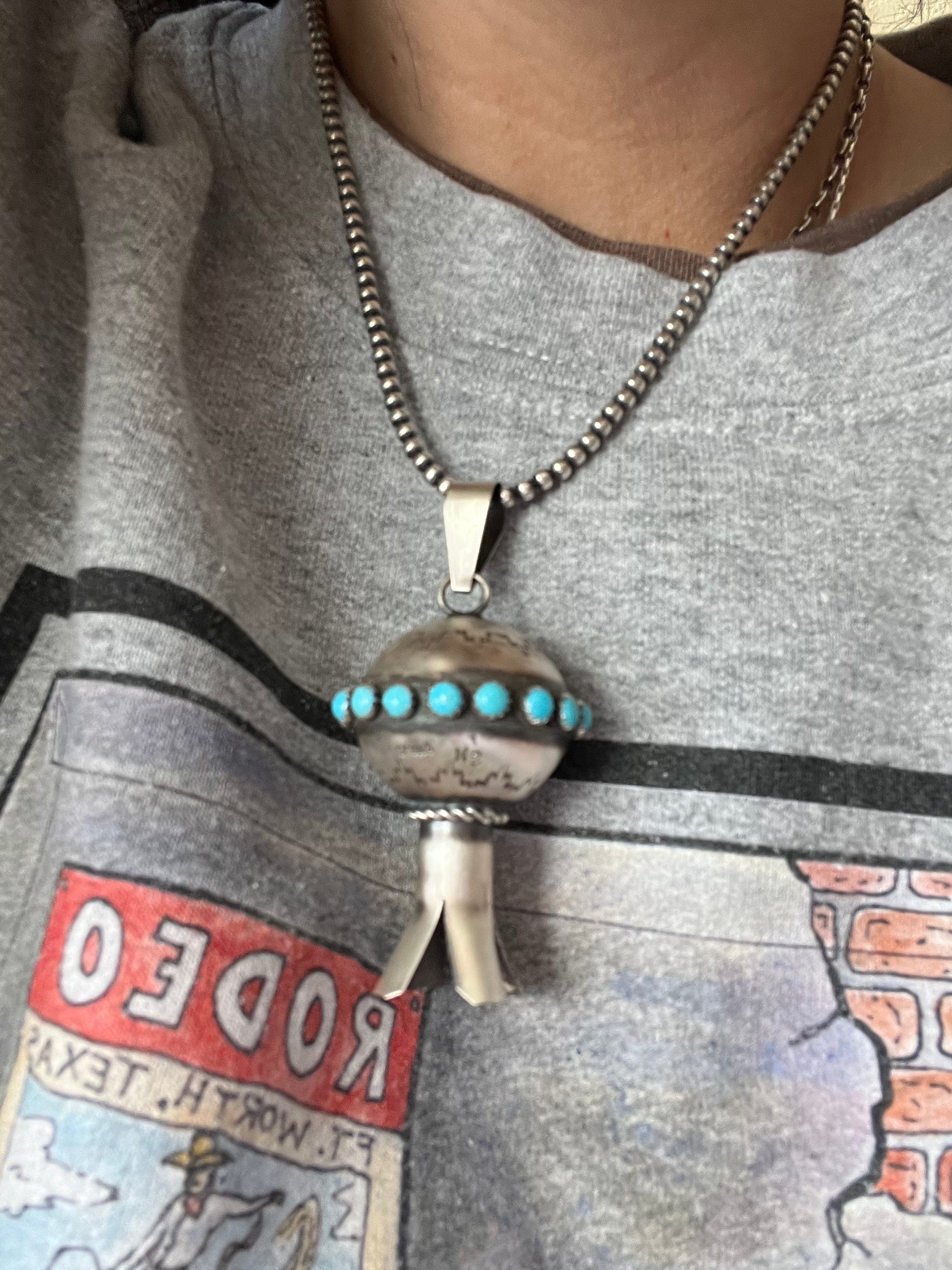 Navajo Made Kingman Turquoise & Sterling Silver Blossom Pendant