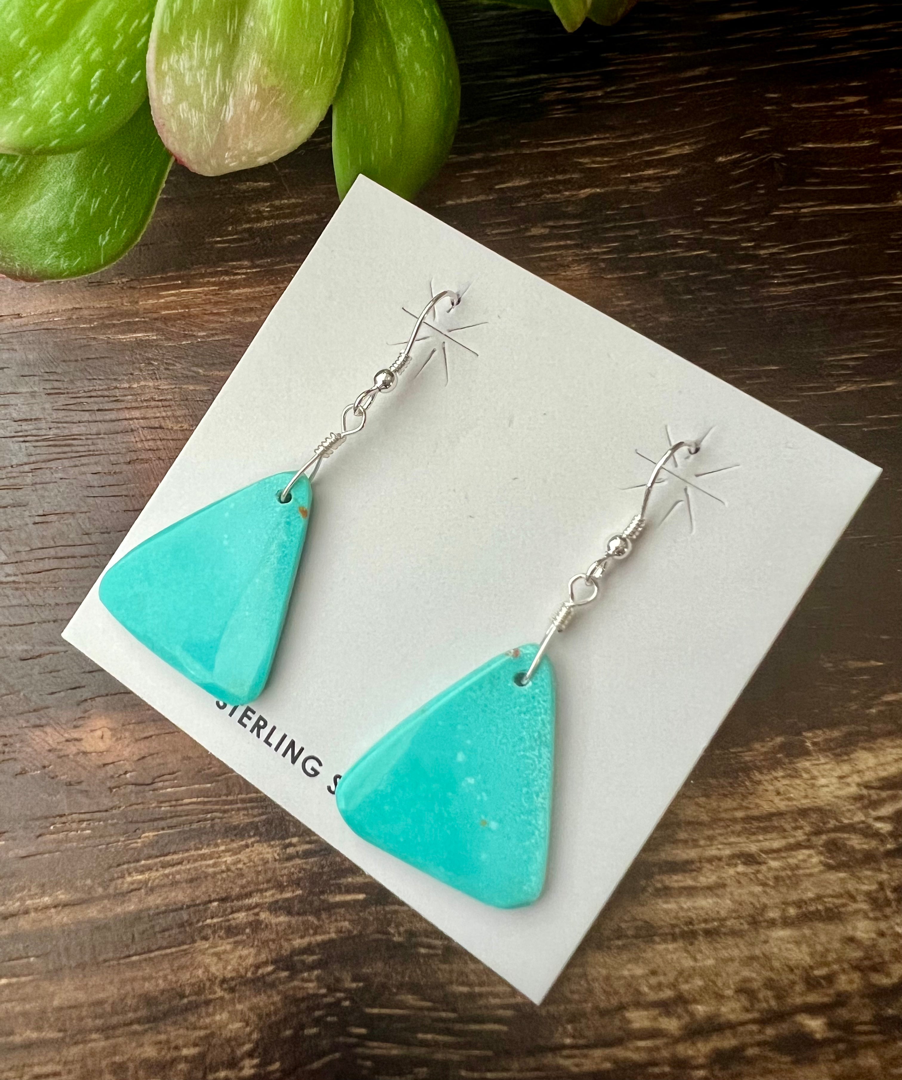 Navajo Made Kingman Turquoise & Sterling Silver Slab Dangle Earrings