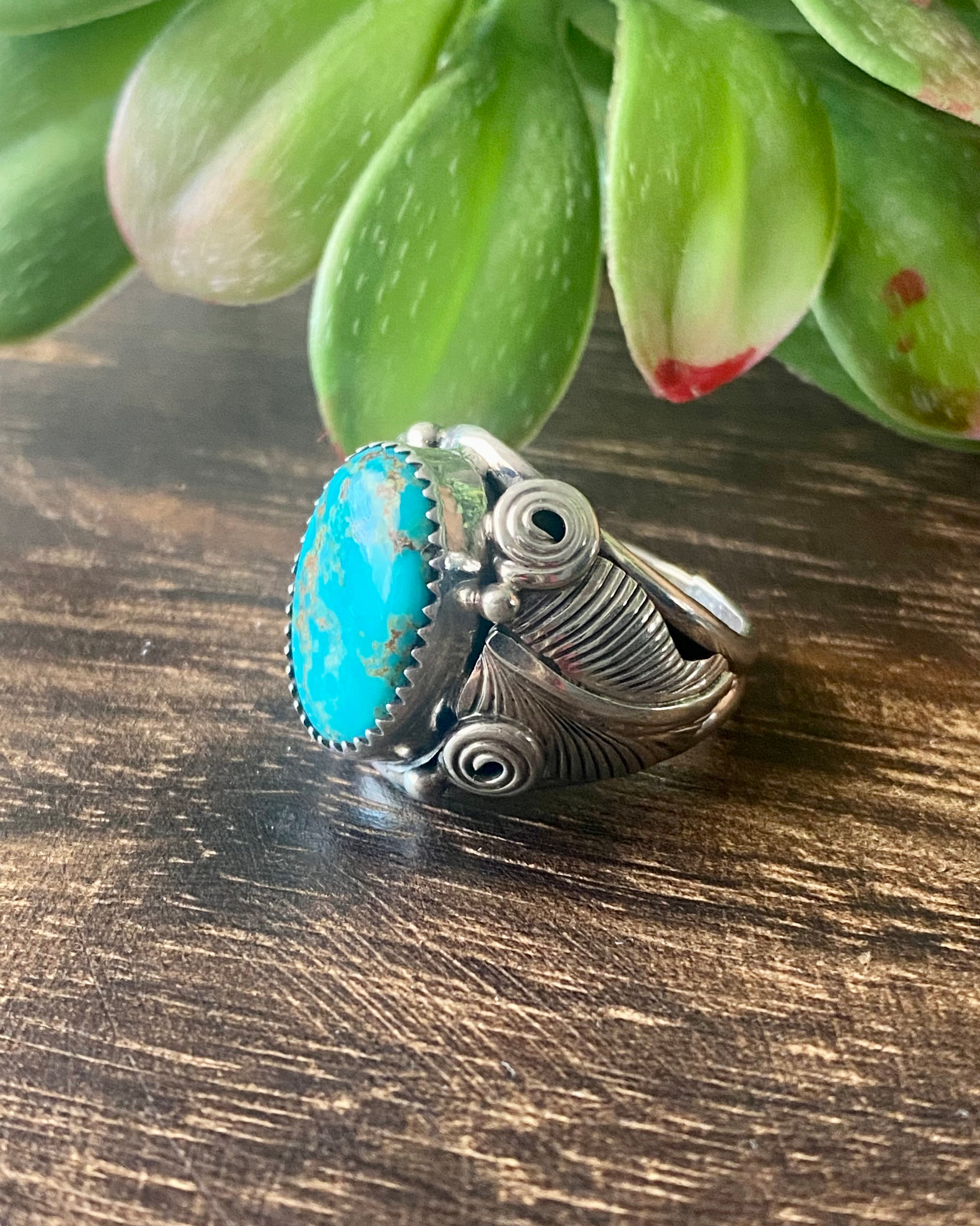 Navajo Made Kingman Turquoise & Sterling Silver Ring Size 9.5