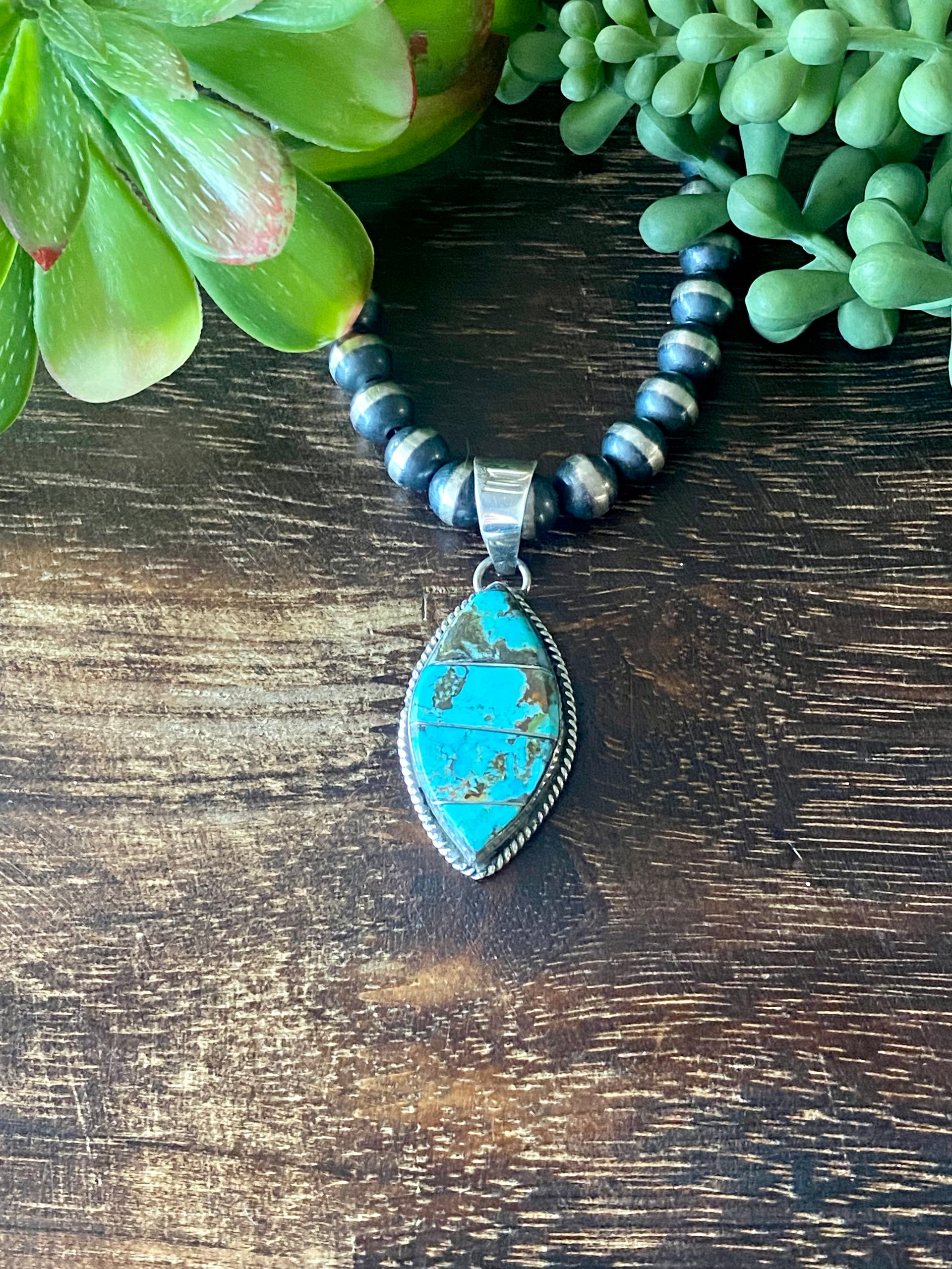 Brandon Etsitty Kingman Turquoise & Sterling Silver Inlay Pendant