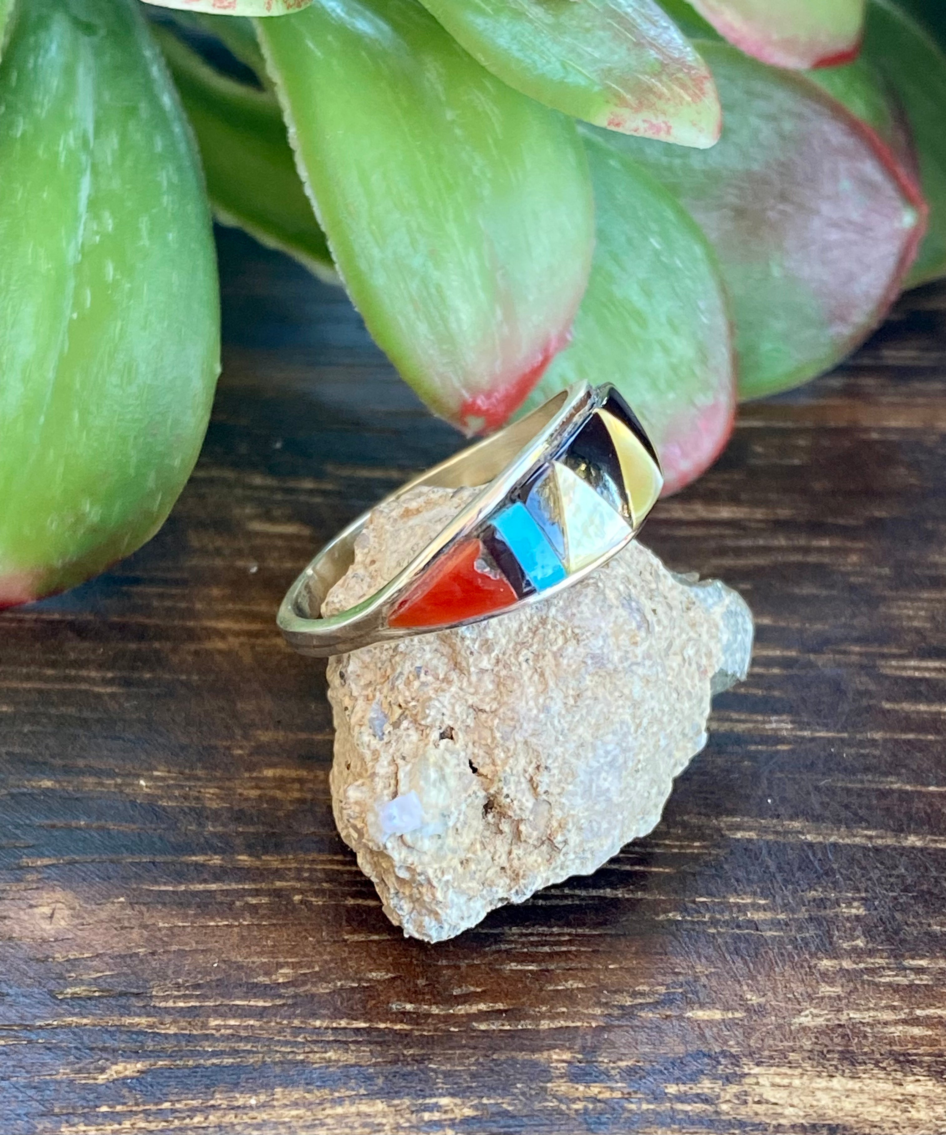 Zuni Made Multi Stone & Sterling Silver Inlay Ring