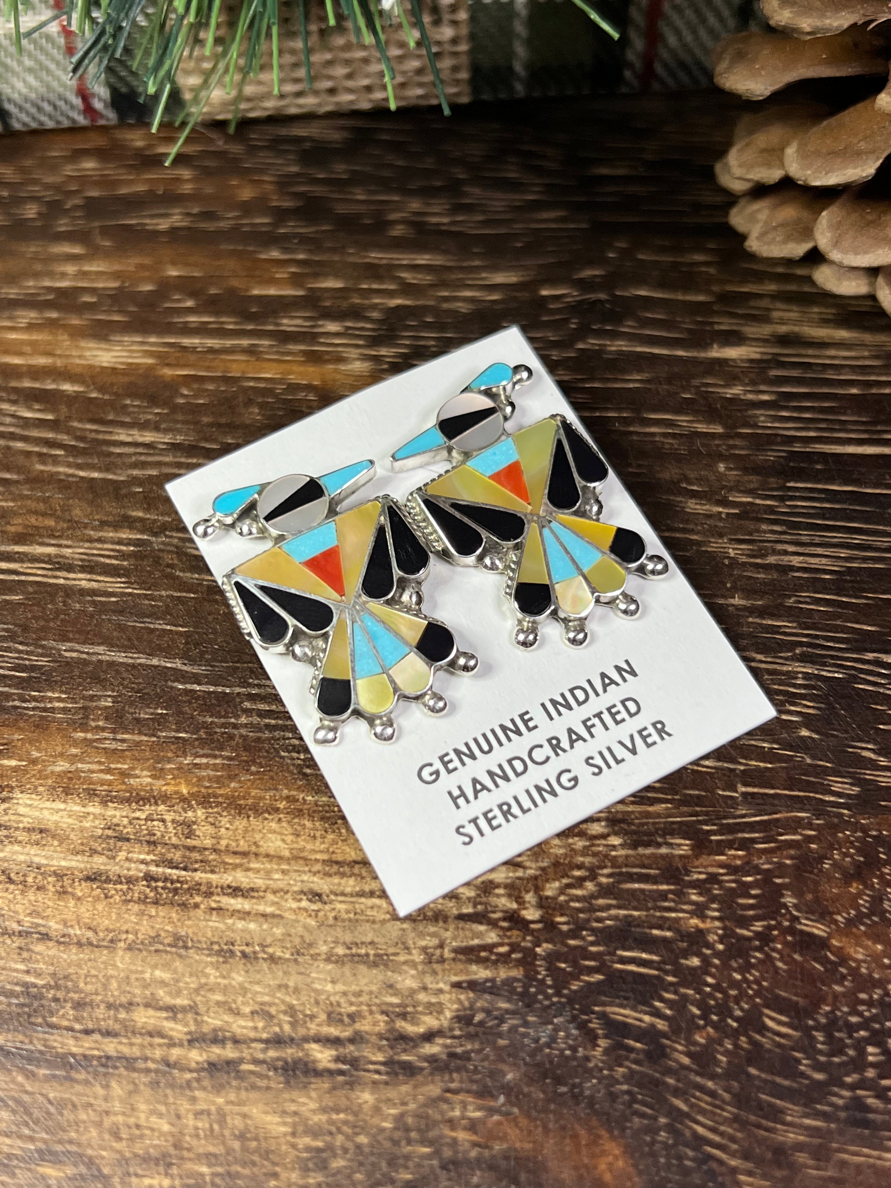 Zuni Made Multi Stone & Sterling Silver Inlay Thunderbird Post Earrings