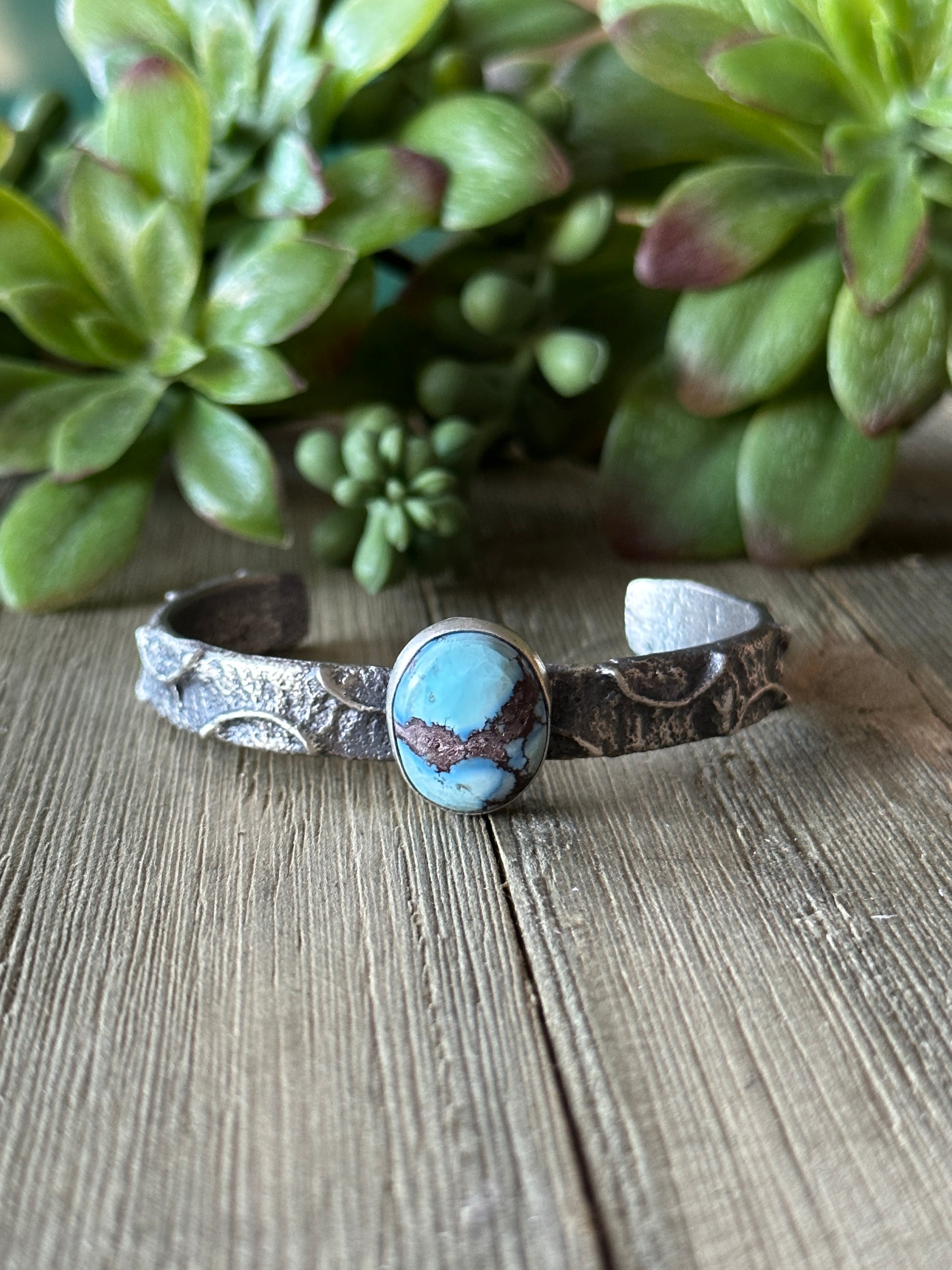 Navajo Made Golden Hills Turquoise & Sterling Silver Tufa Cast Cuff Bracelet
