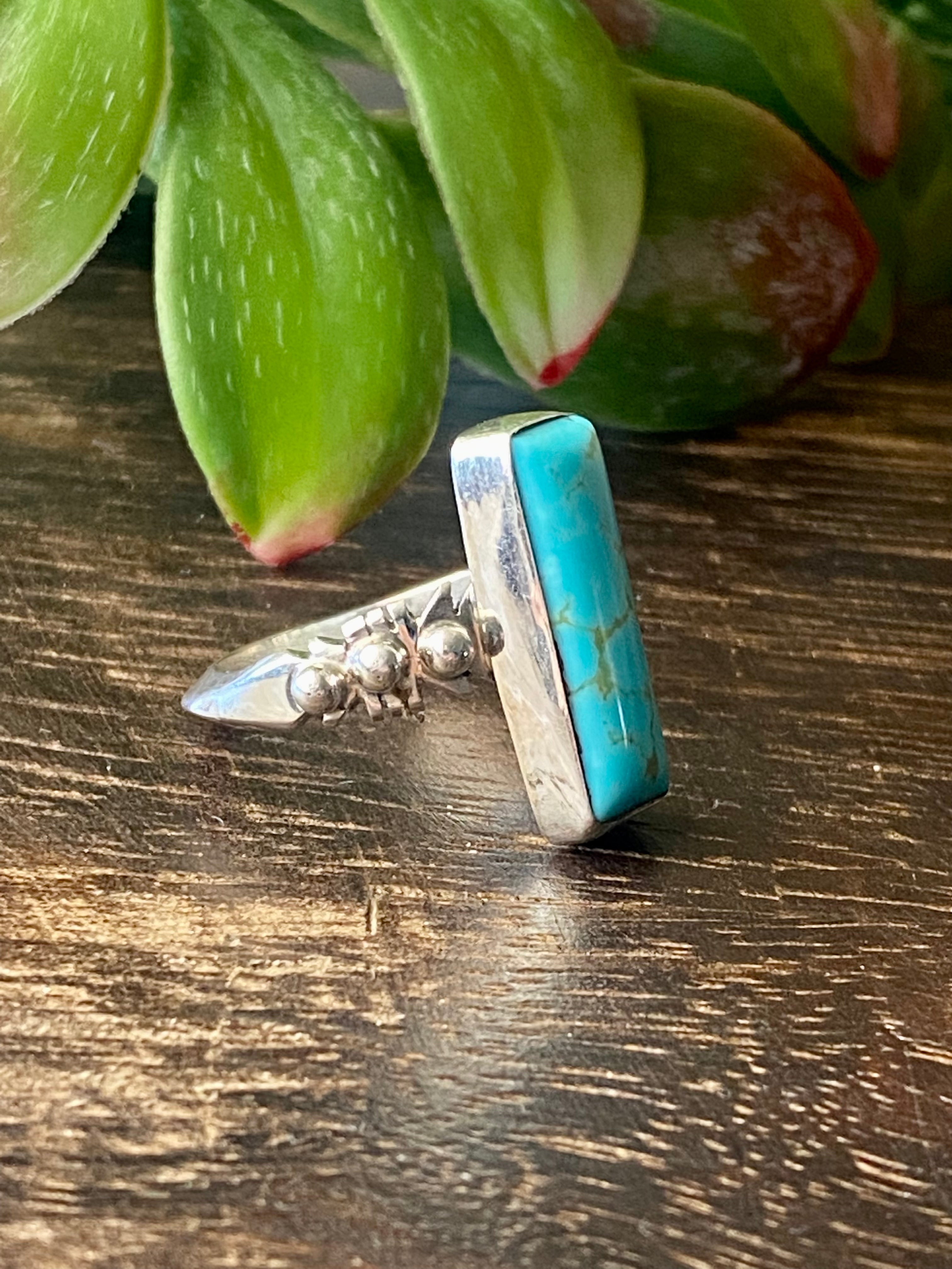 Navajo Made Kingman Turquoise & Sterling Silver Bar Ring Size 6.75