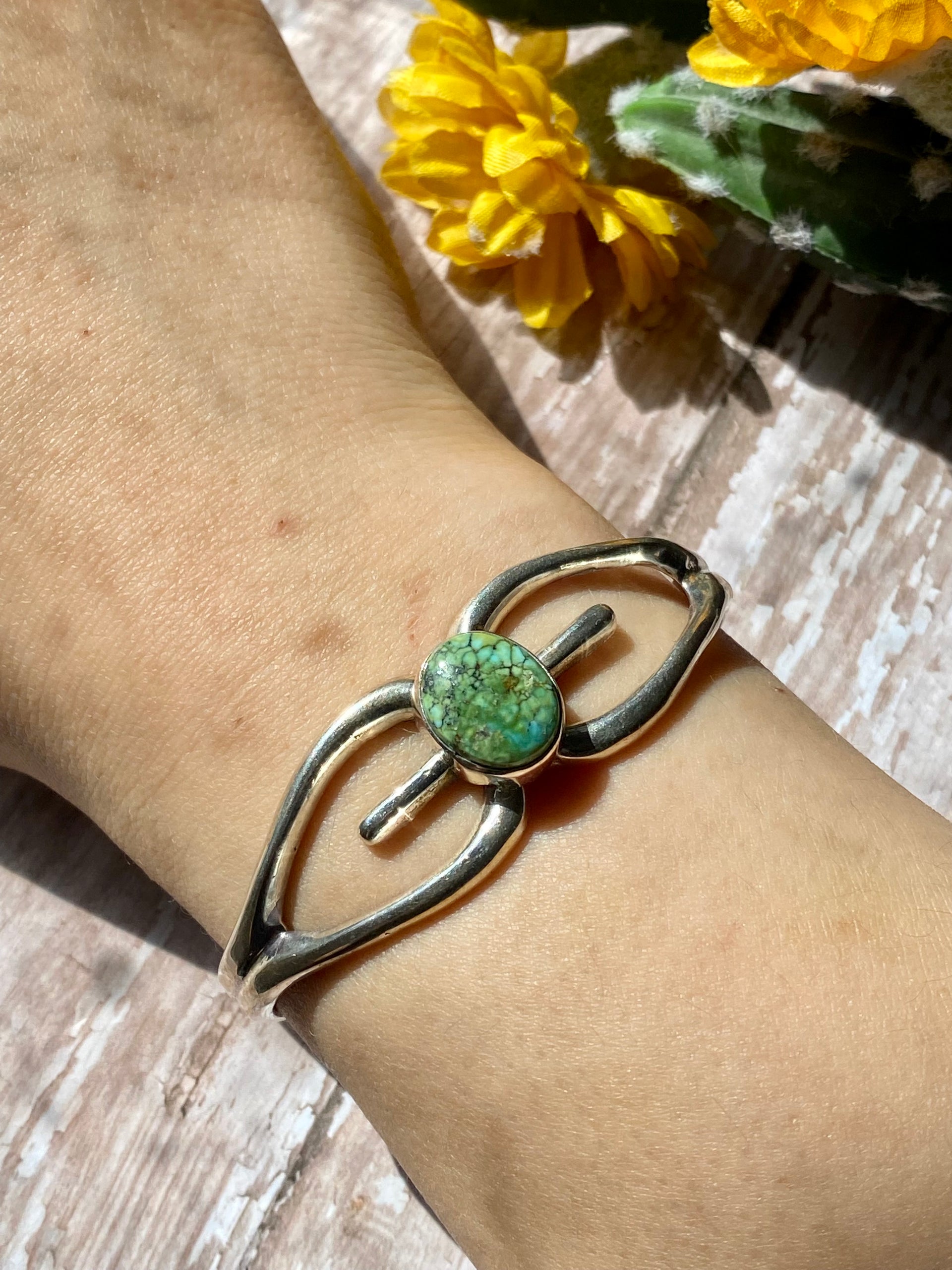 Navajo Made Sonoran Gold Turquoise & Sterling Silver Cuff Bracelet