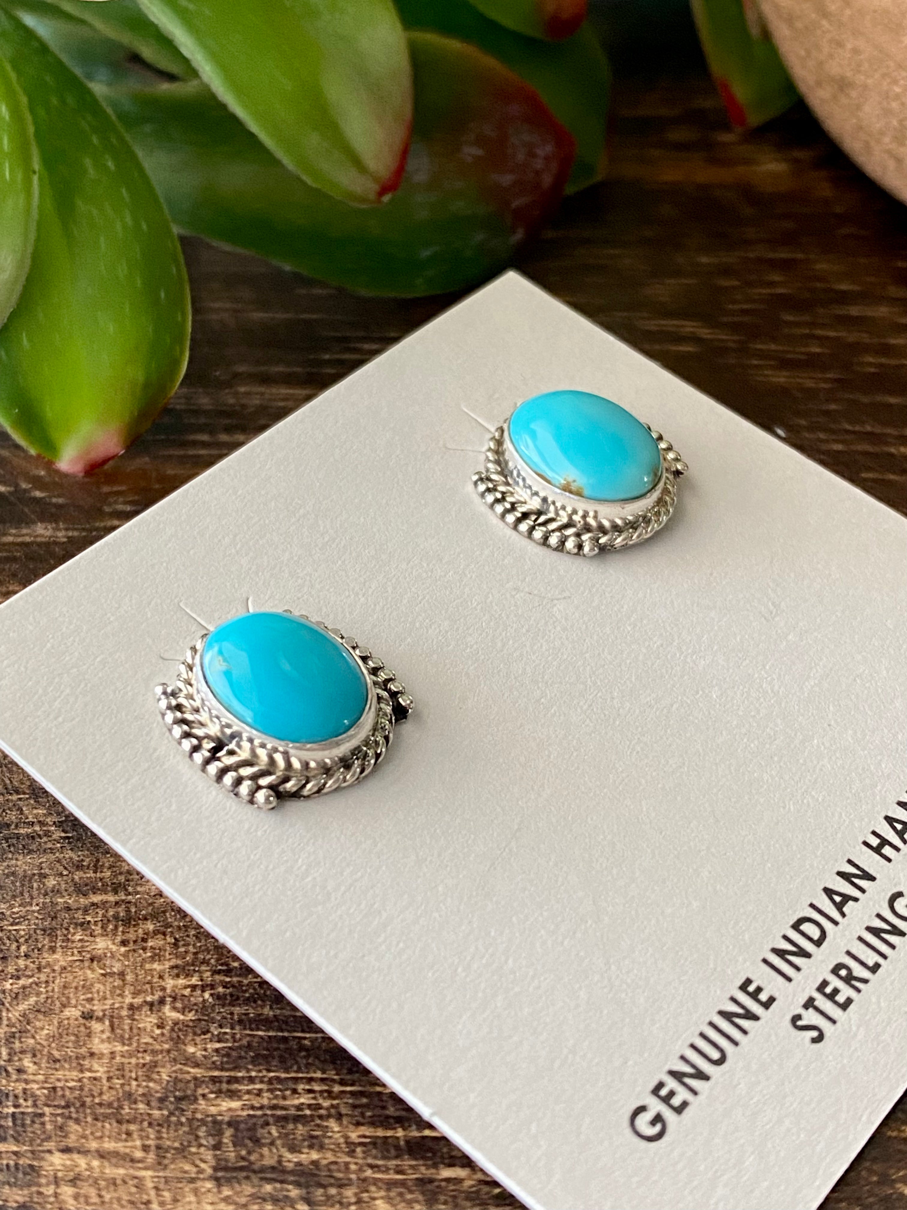 Navajo Made Kingman Turquoise & Sterling Silver Post Earrings