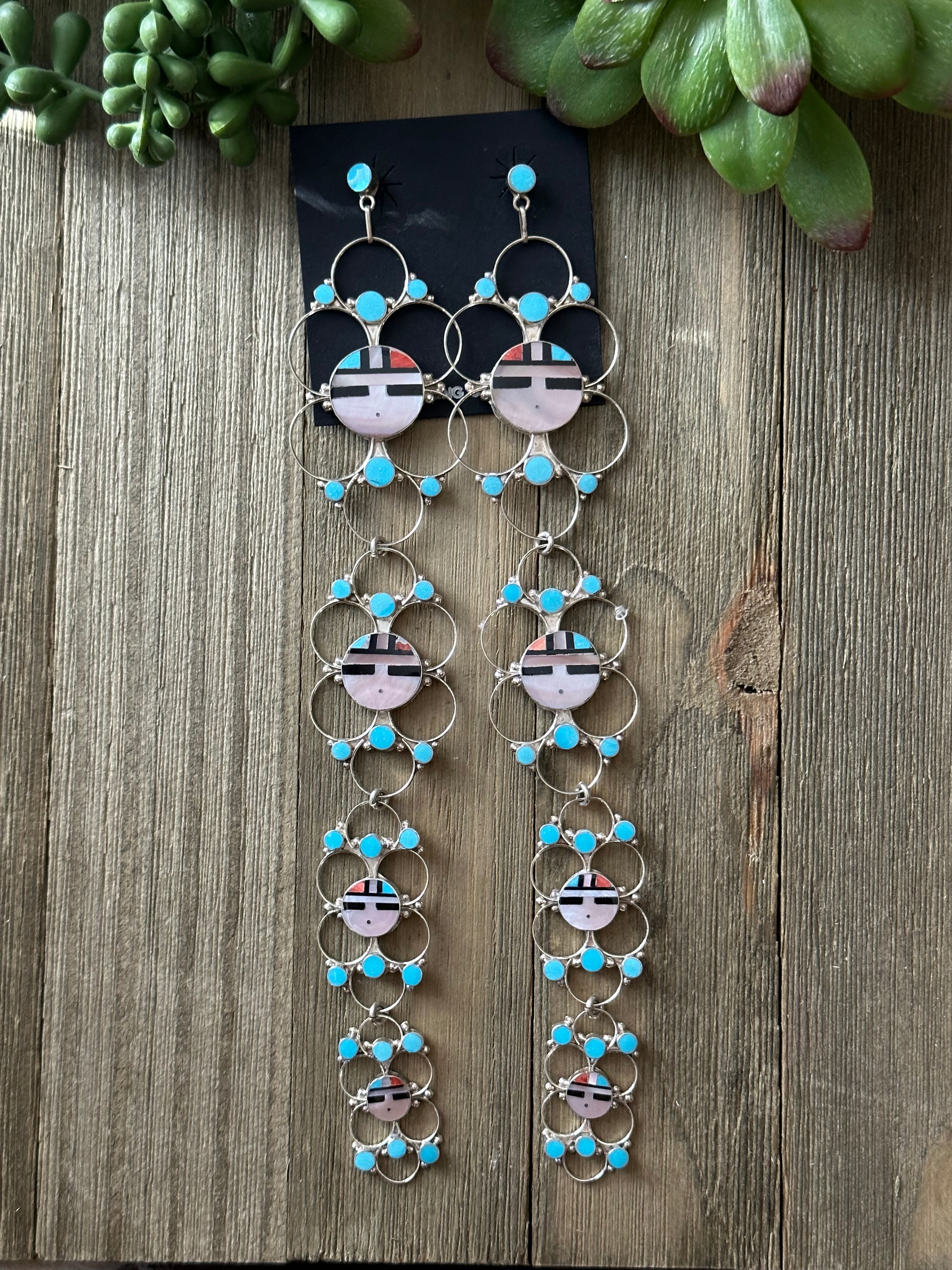 Zuni Made Multi Stone & Sterling Silver Sunface Inlay Post Dangle Earrings