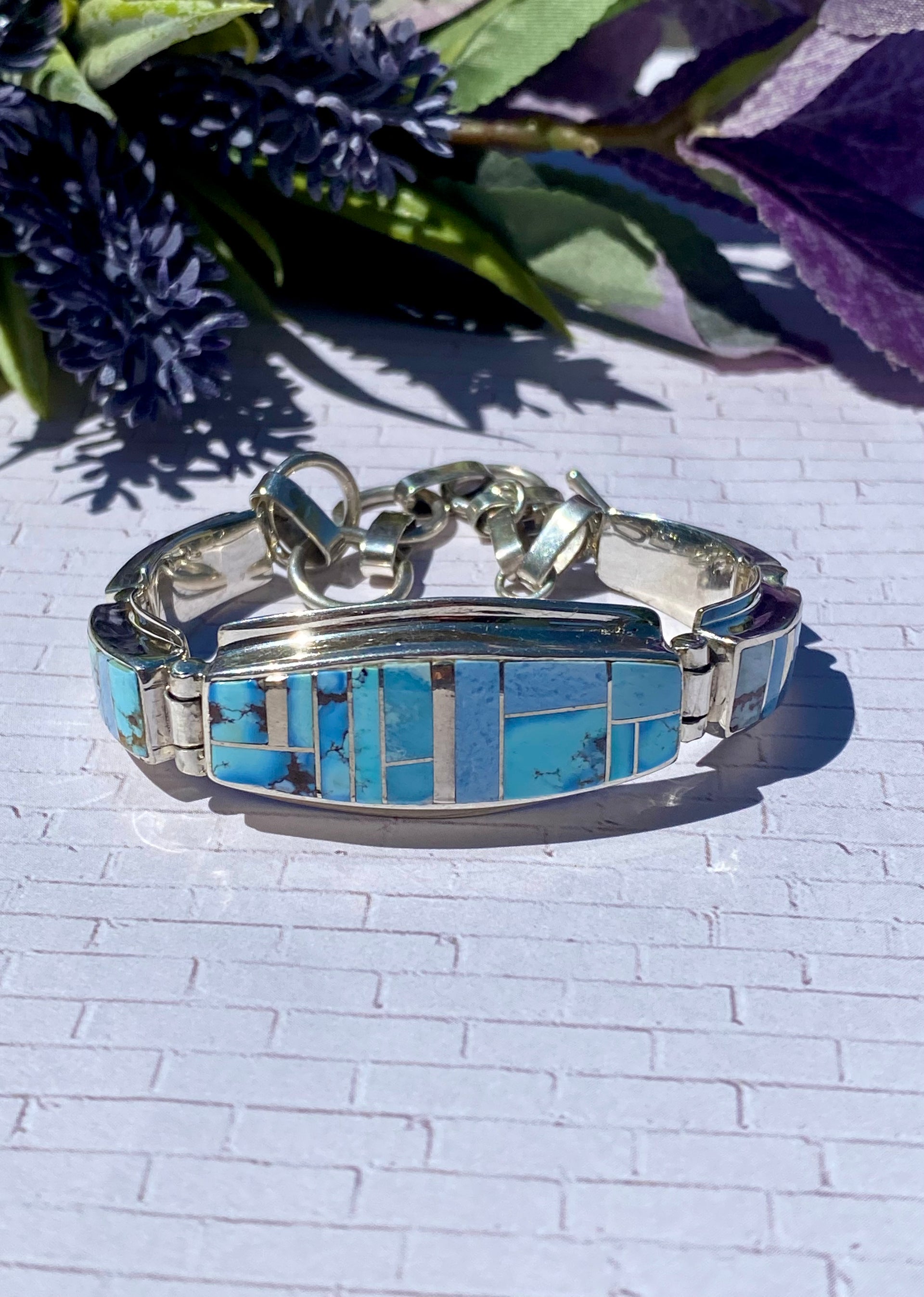 Stanley Manygoats Natural Golden Hill’s Turquoise & Sterling Silver Inlay Link Bracelet