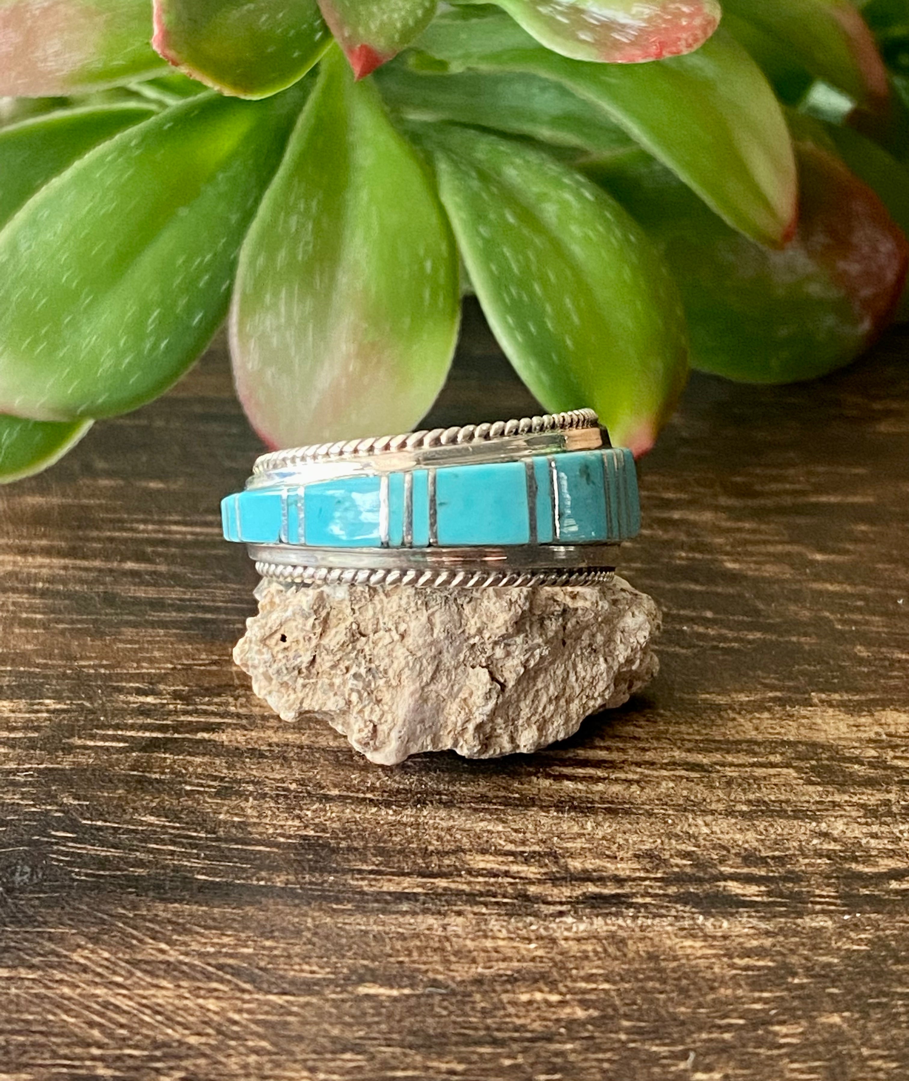 Navajo Made Kingman Turquoise & Sterling Silver Inlay Ring Size 11