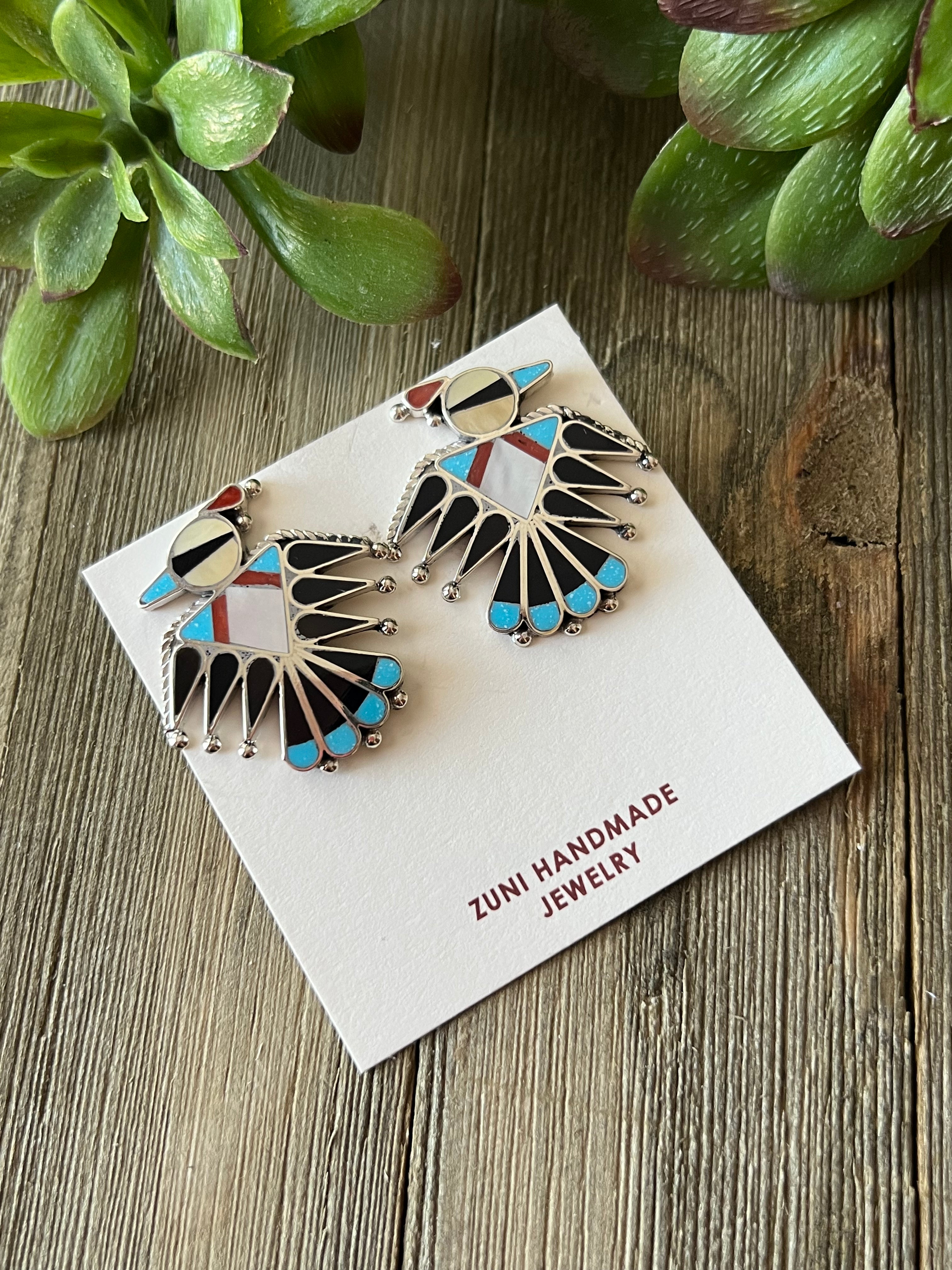 Zuni Made Multi Stone & Sterling Silver Inlay Thunderbird Post Earrings