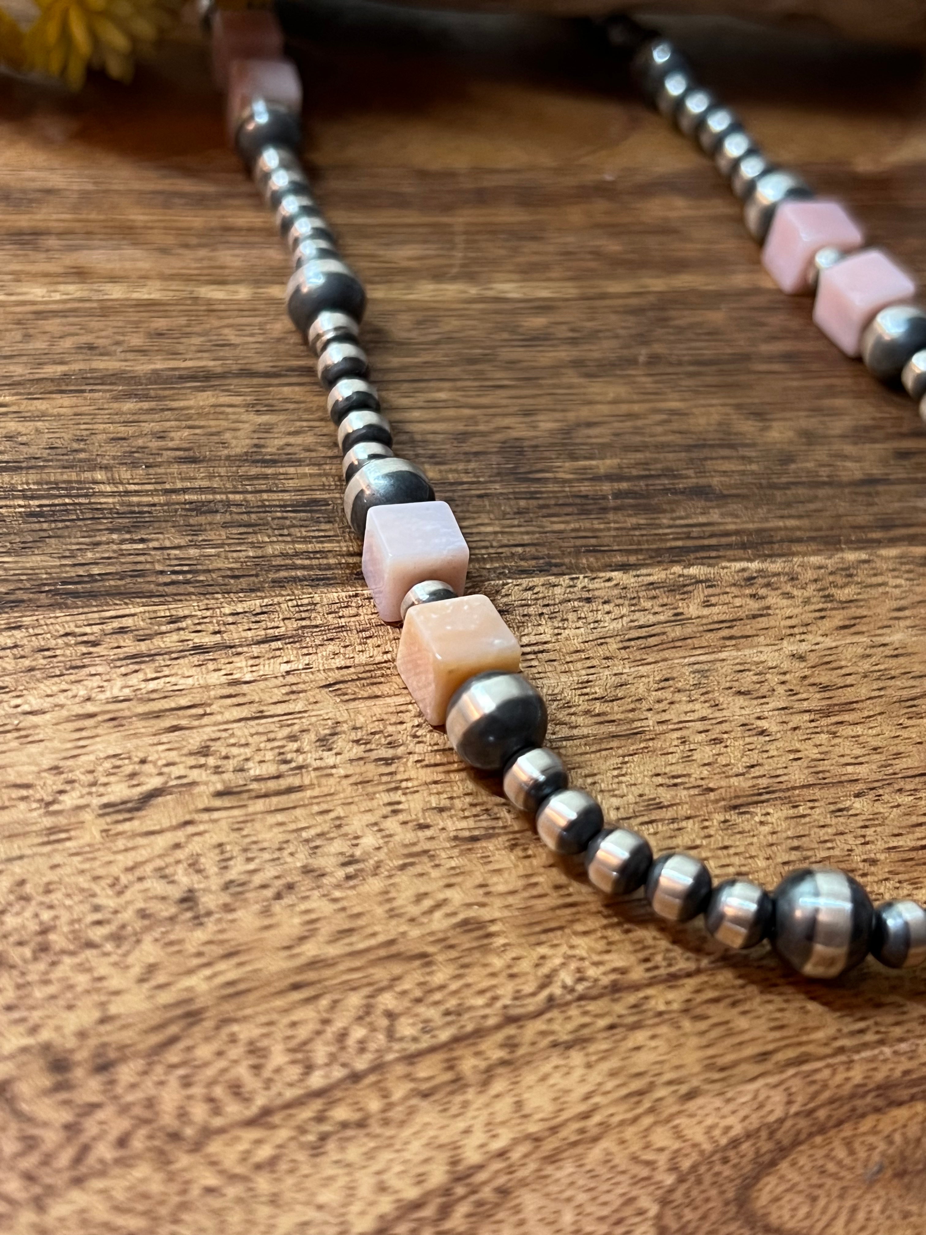 Navajo Pink Coral & Sterling Silver Graduated Pearl Necklace