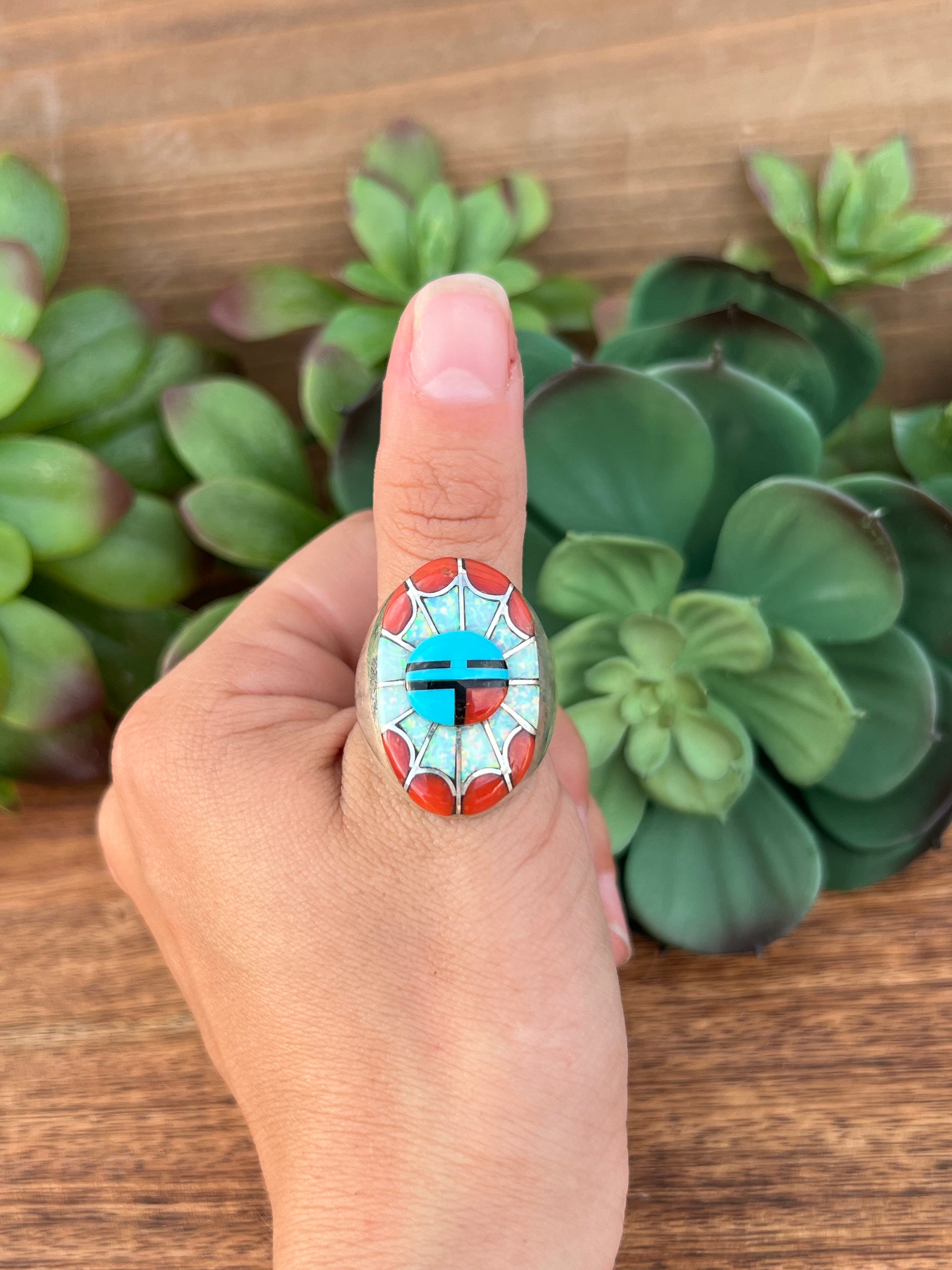 Navajo Multi Stone & Sterling Silver Sun Face Ring Size 11.5