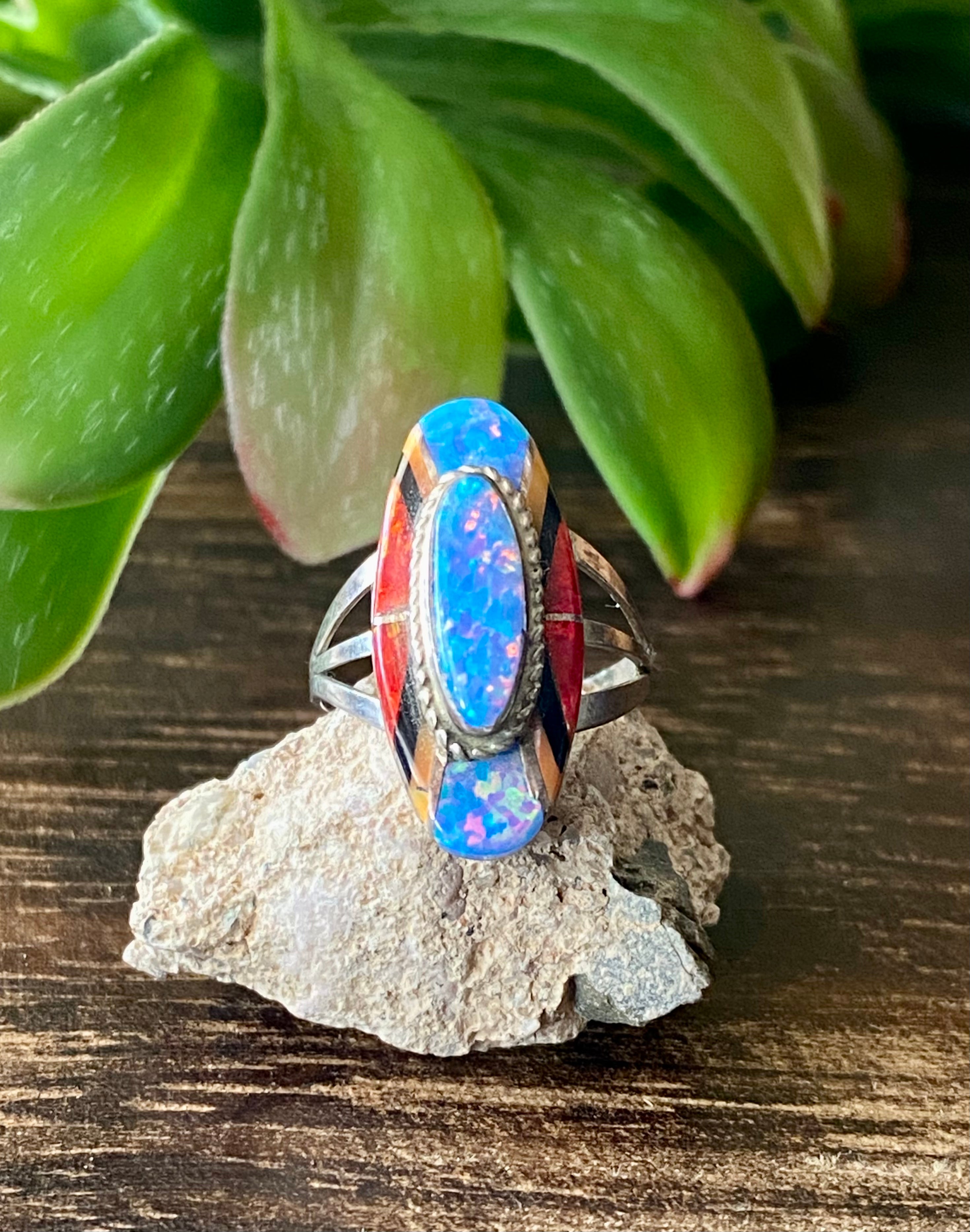 Navajo Made Multi Stone & Sterling Silver Inlay Ring Size 4.75