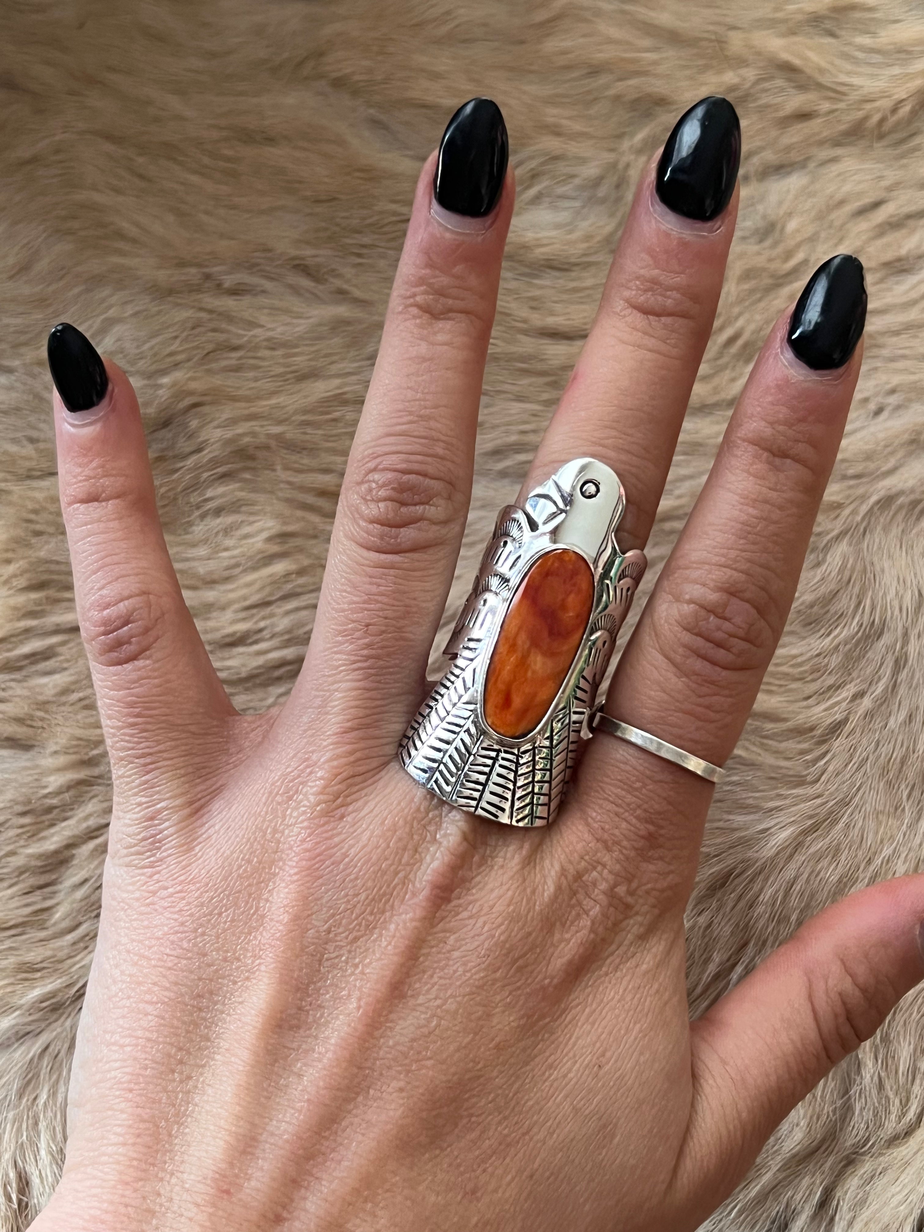 Navajo Made Spiny Oyster & Sterling Silver Thunderbird Ring Size 7.75