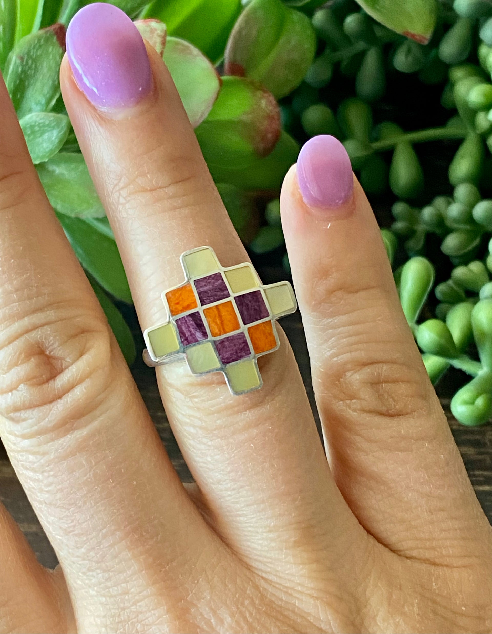 Southwest Handmade Multi Stone & Silver Inlay Adjustable Ring Size 7.5