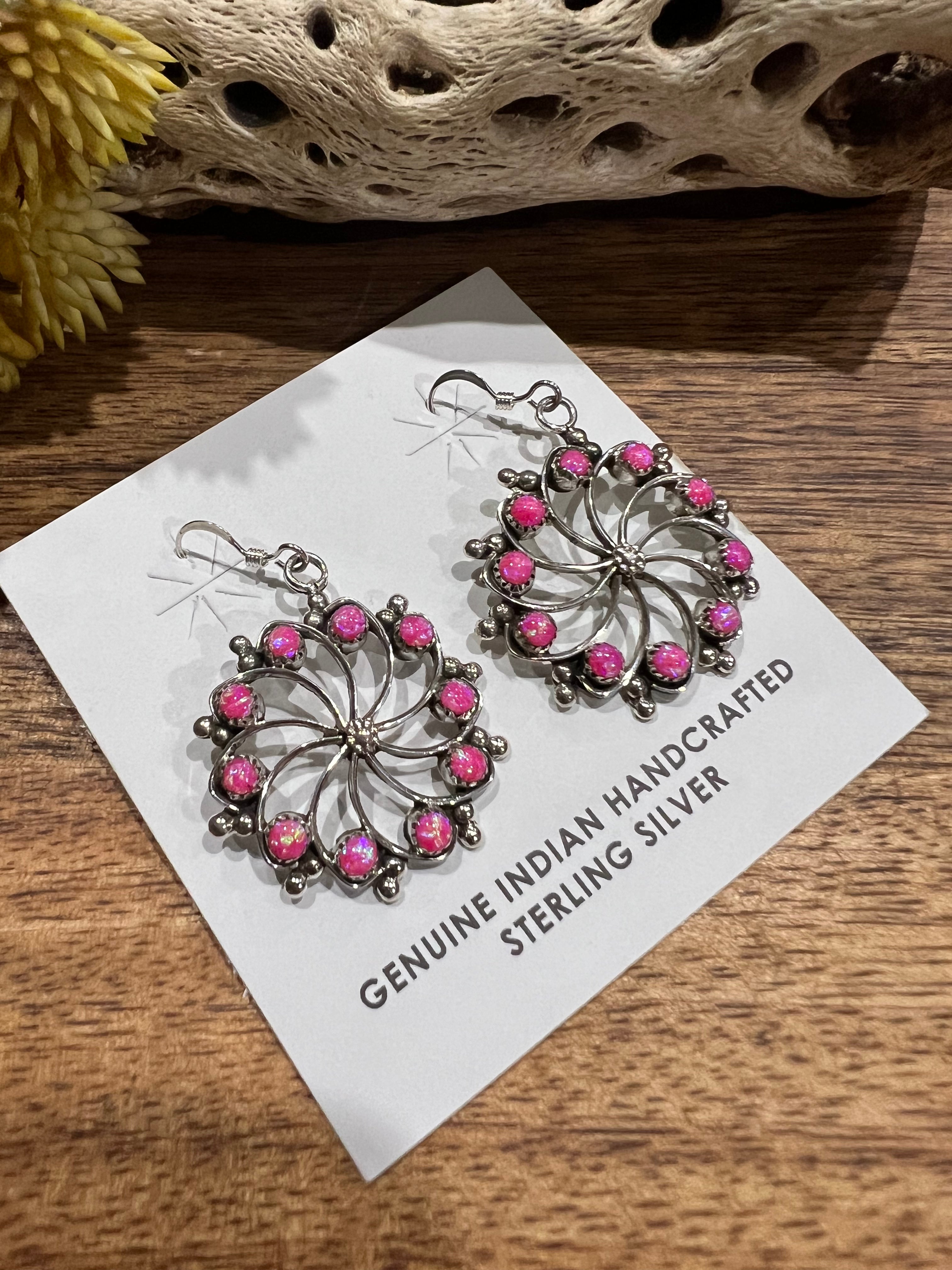 Navajo Made Pink Opal(Manmade) & Sterling Silver Dangle Earrings