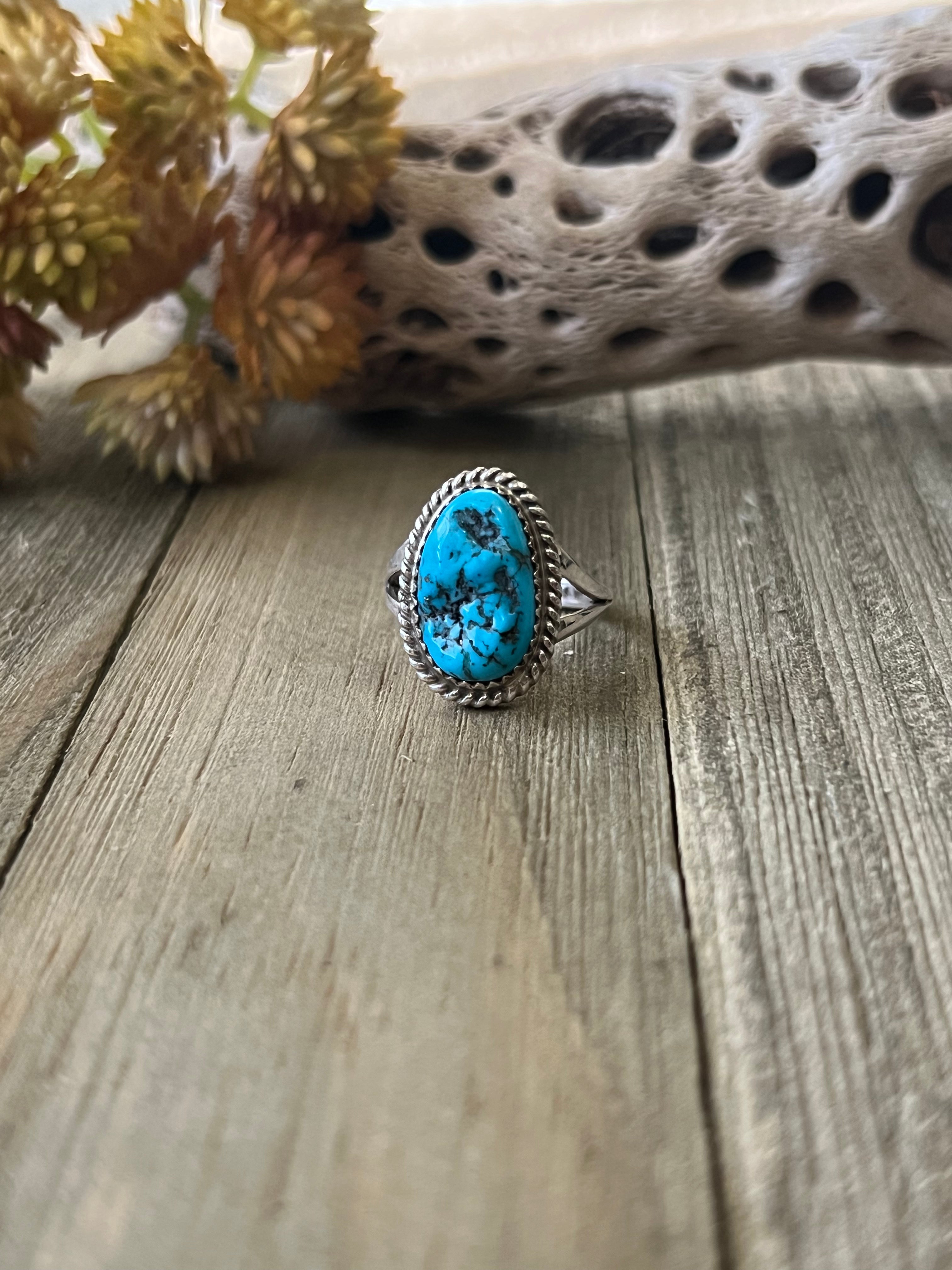 Navajo Made Kingman Turquoise & Sterling Silver Ring Size 7.75