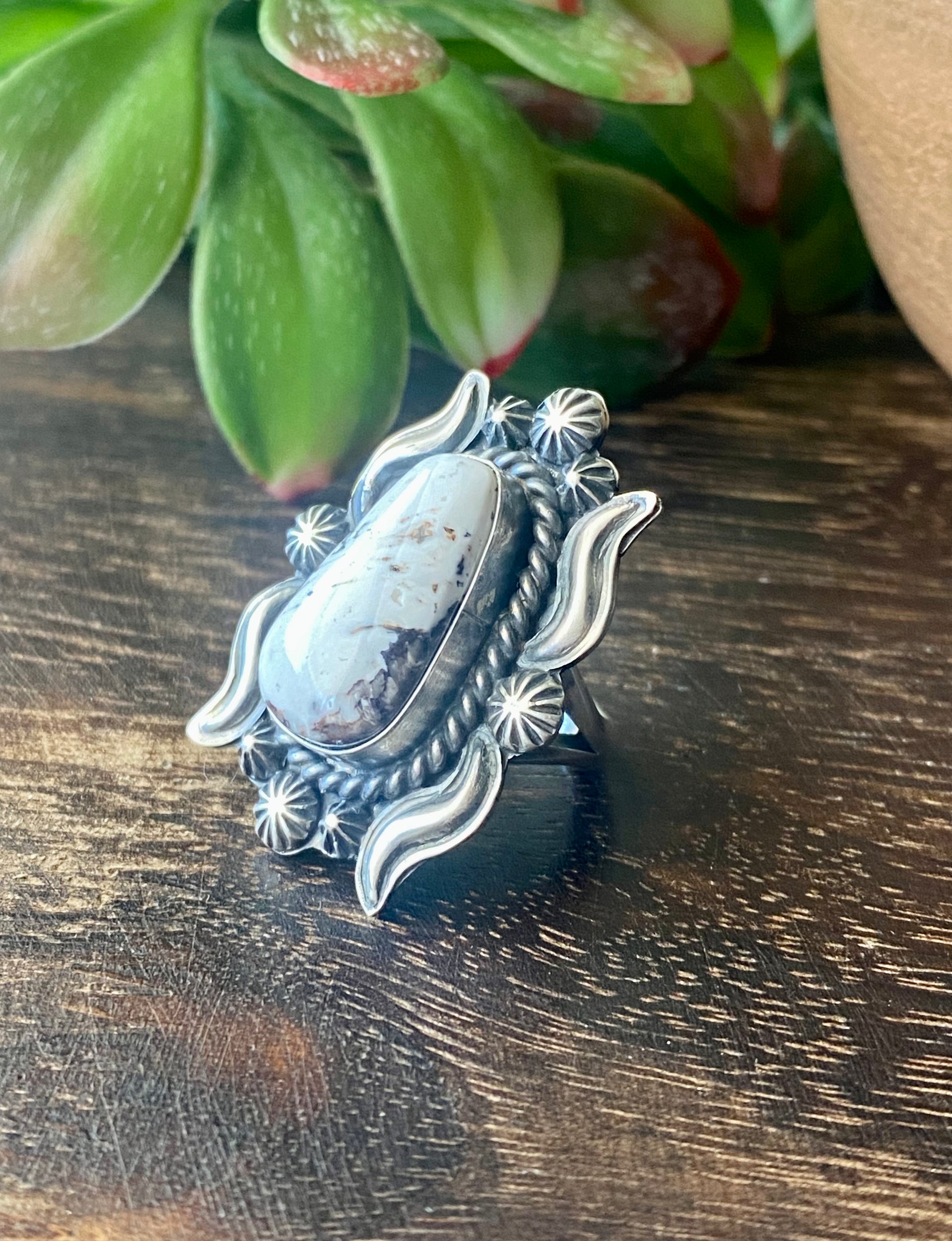 Raymond Delgarito White Buffalo & Sterling Silver Ring Size 6.25