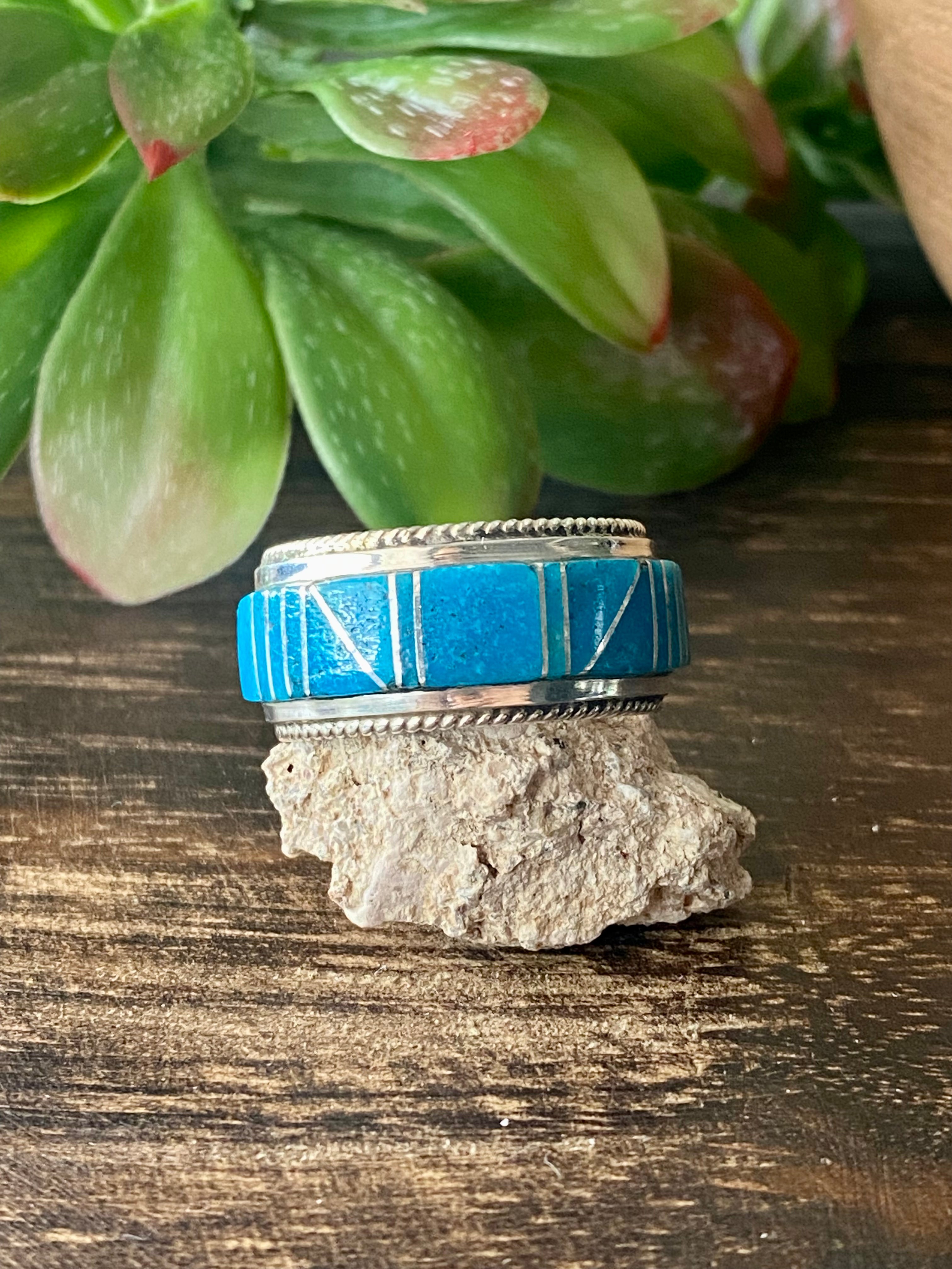 Navajo Made Kingman Turquoise & Sterling Silver Inlay Ring Size 11.5