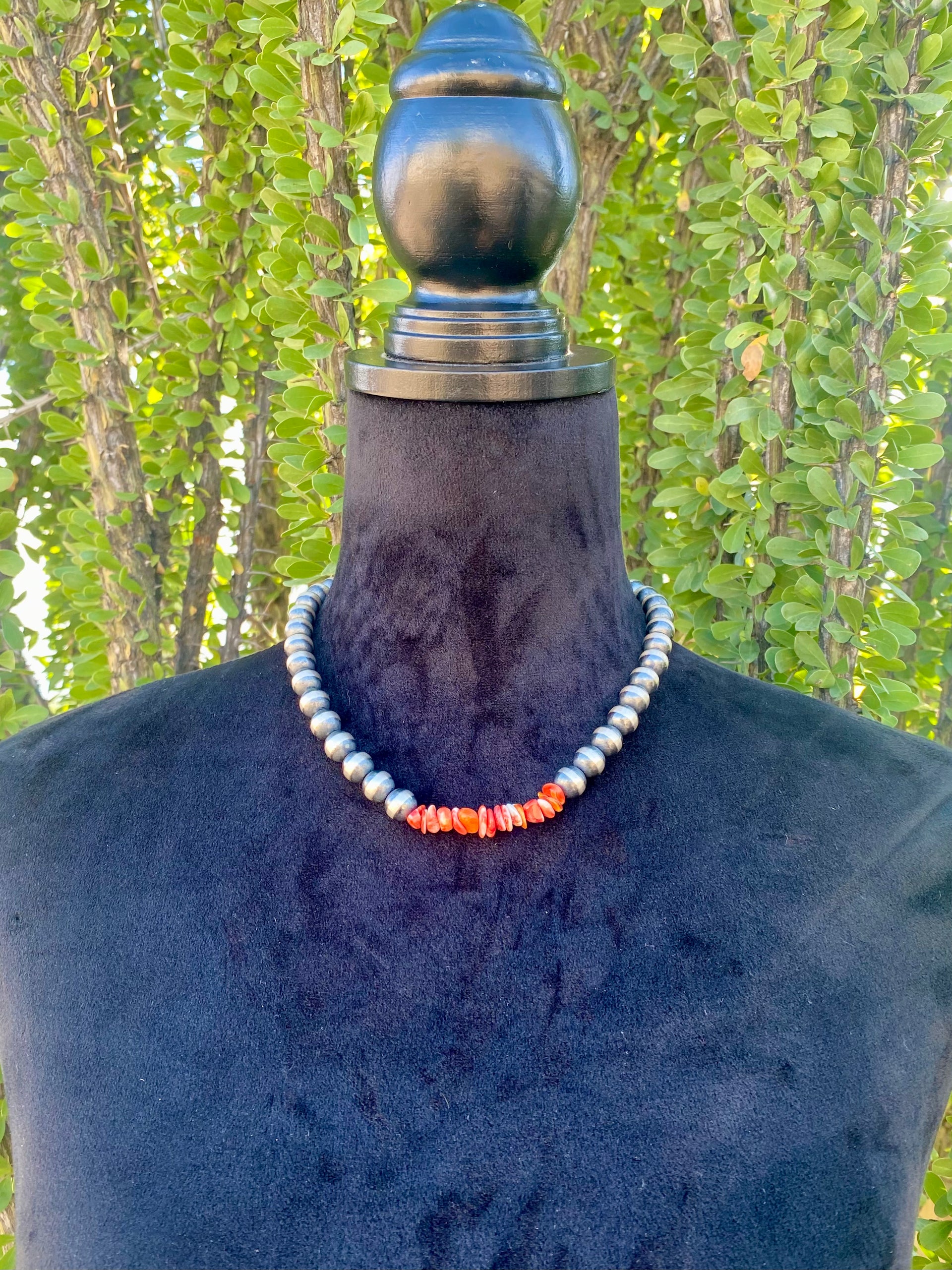 Navajo Strung Spiny Oys & Sterling Silver 12 MM Pearl Necklace