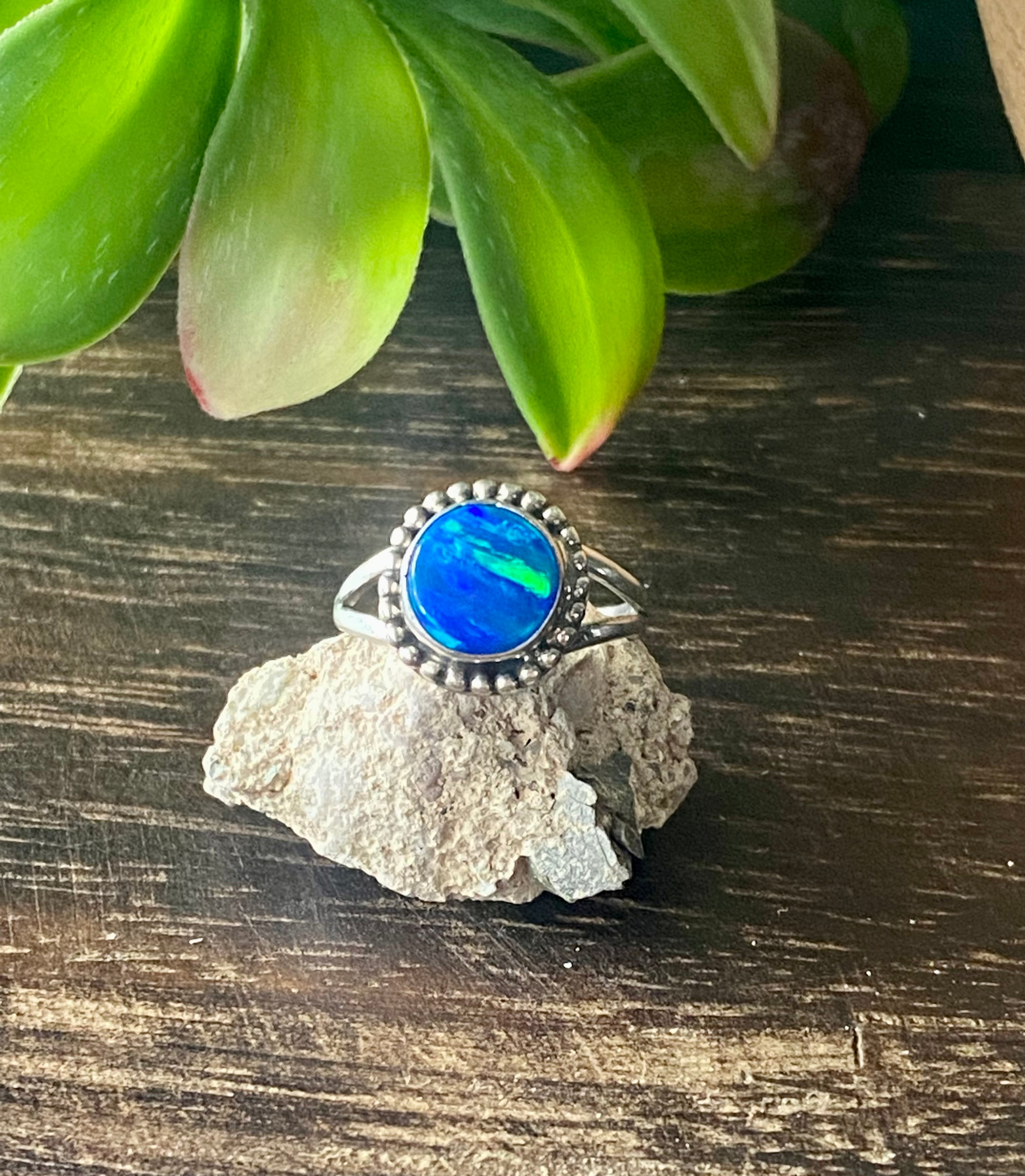 Navajo Made Blue Opal & Sterling Silver Ring Size 6.75