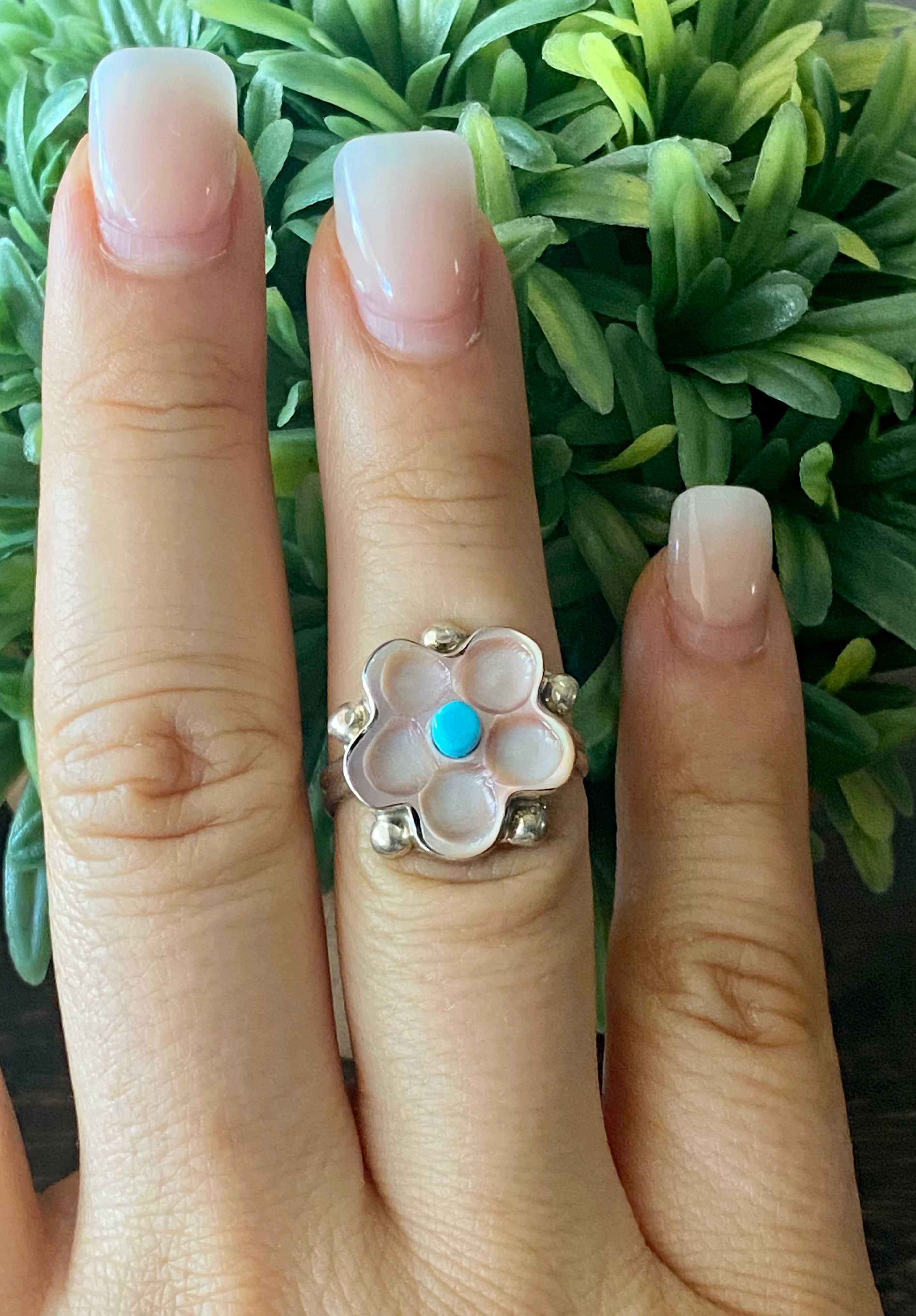 Zuni Made Multi Stone & Sterling Silver Flower Ring Size 7.25