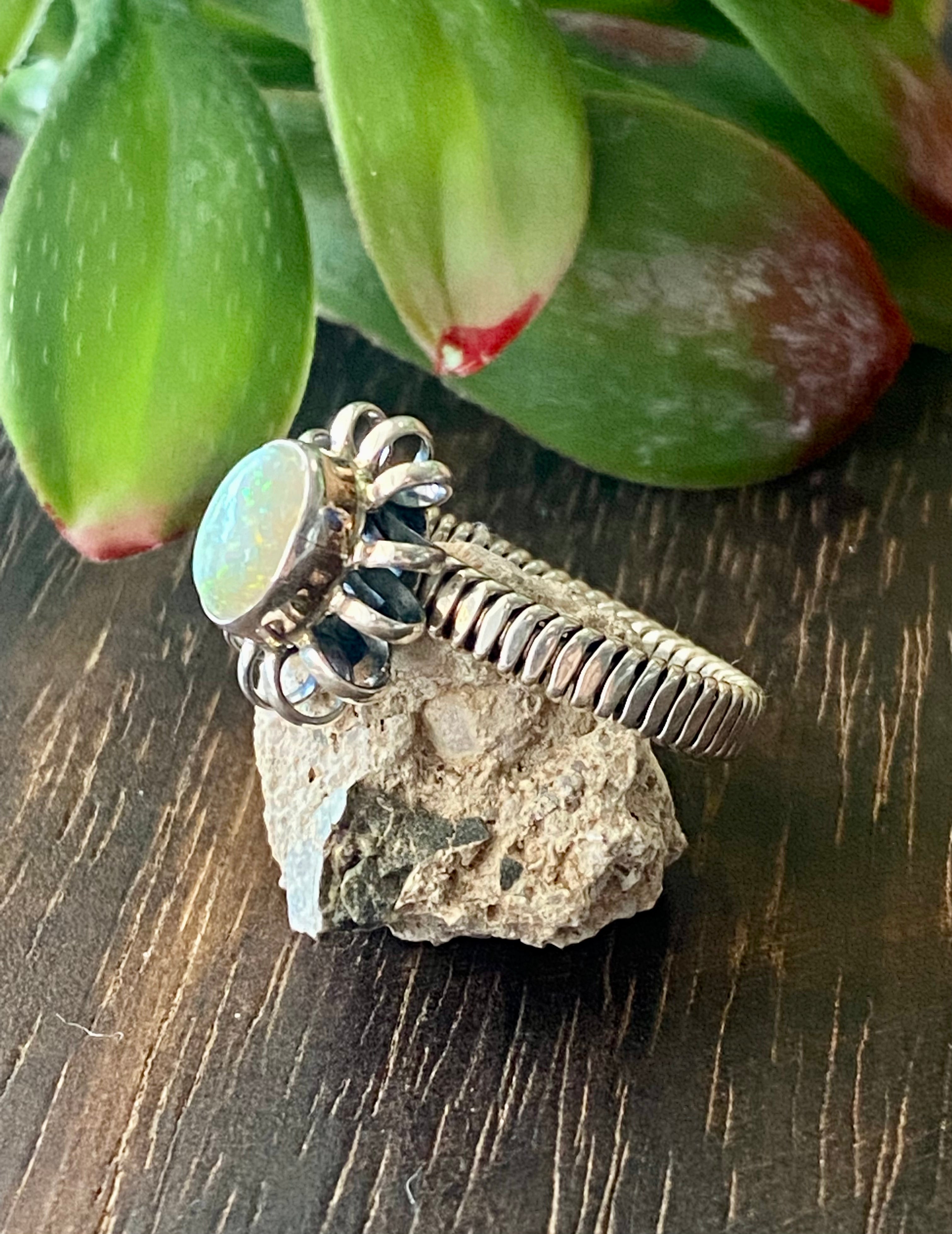 Navajo Made White Opal & Sterling Silver Ring Size 5.25