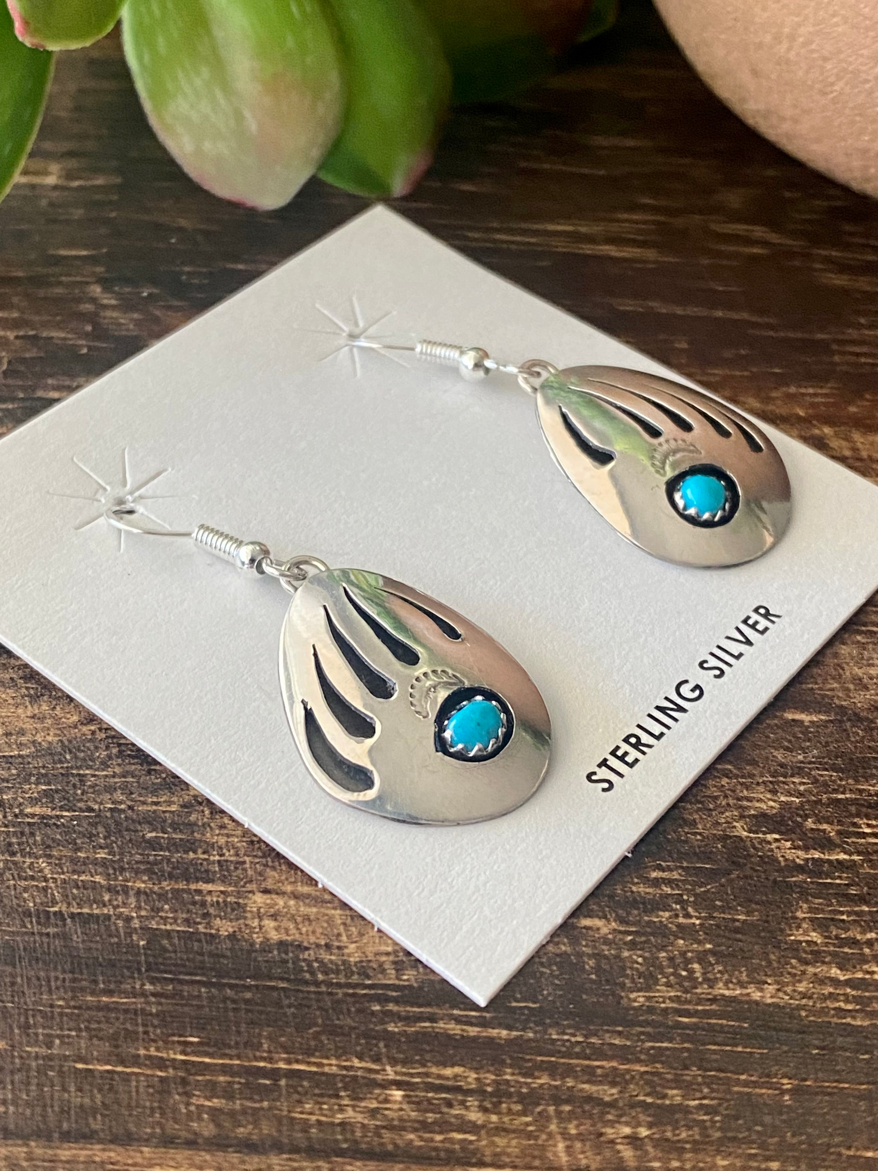 Navajo Made Kingman Turquoise & Sterling Silver Bear Claw Dangle Earrings