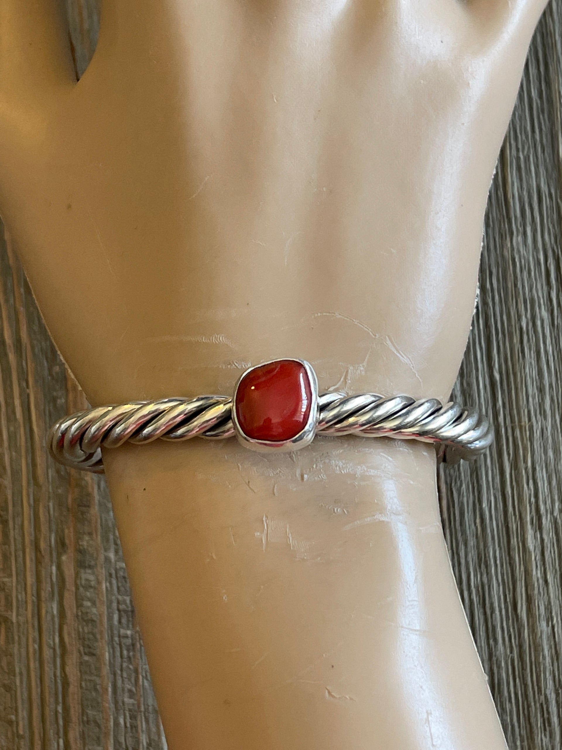 Navajo Coral & Sterling Silver Rope Cuff Bracelet