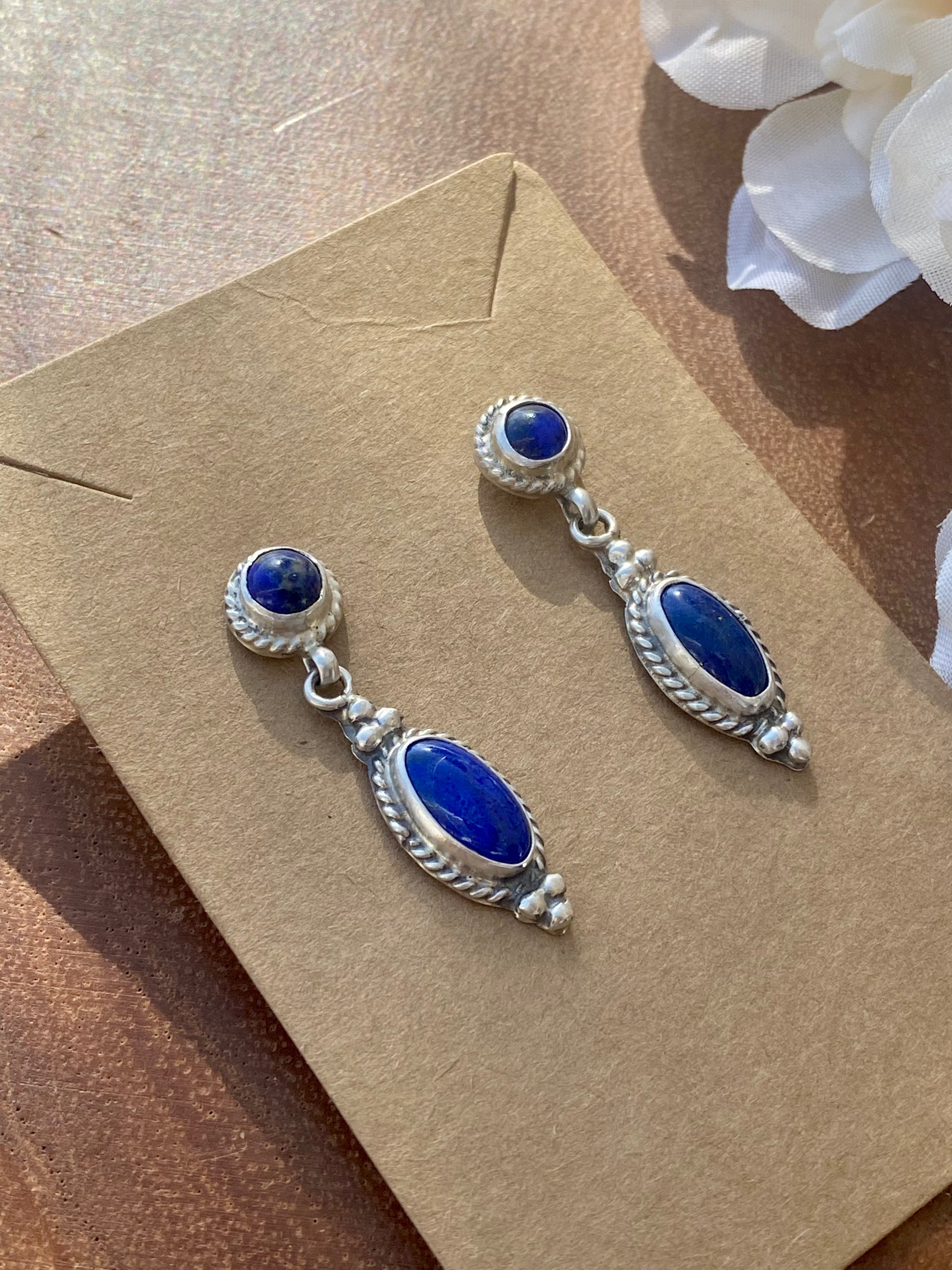 Navajo Made Lapis & Sterling Silver Post Dangle Earrings
