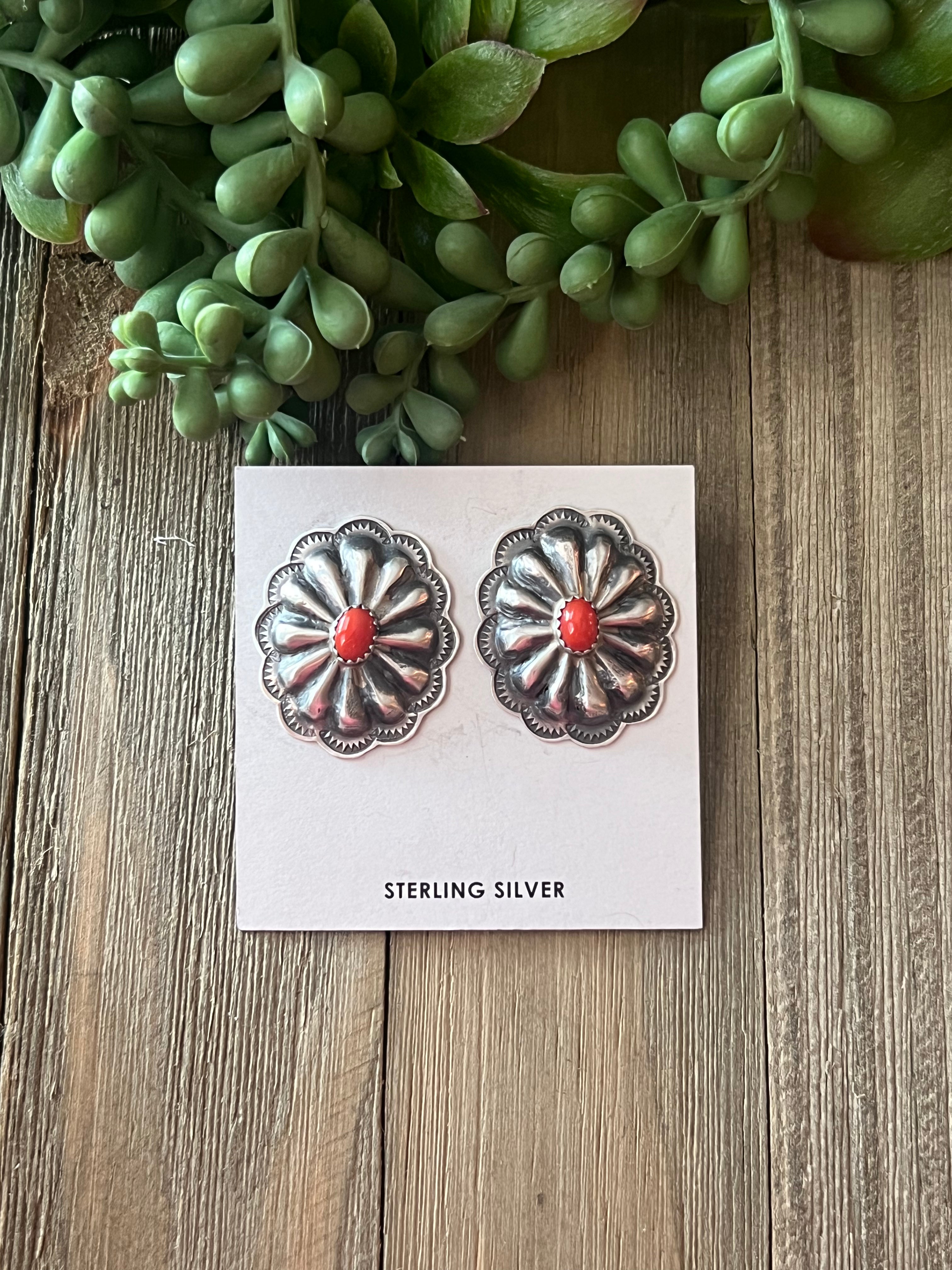 Rita Lee Coral & Sterling Silver Concho Post Earrings