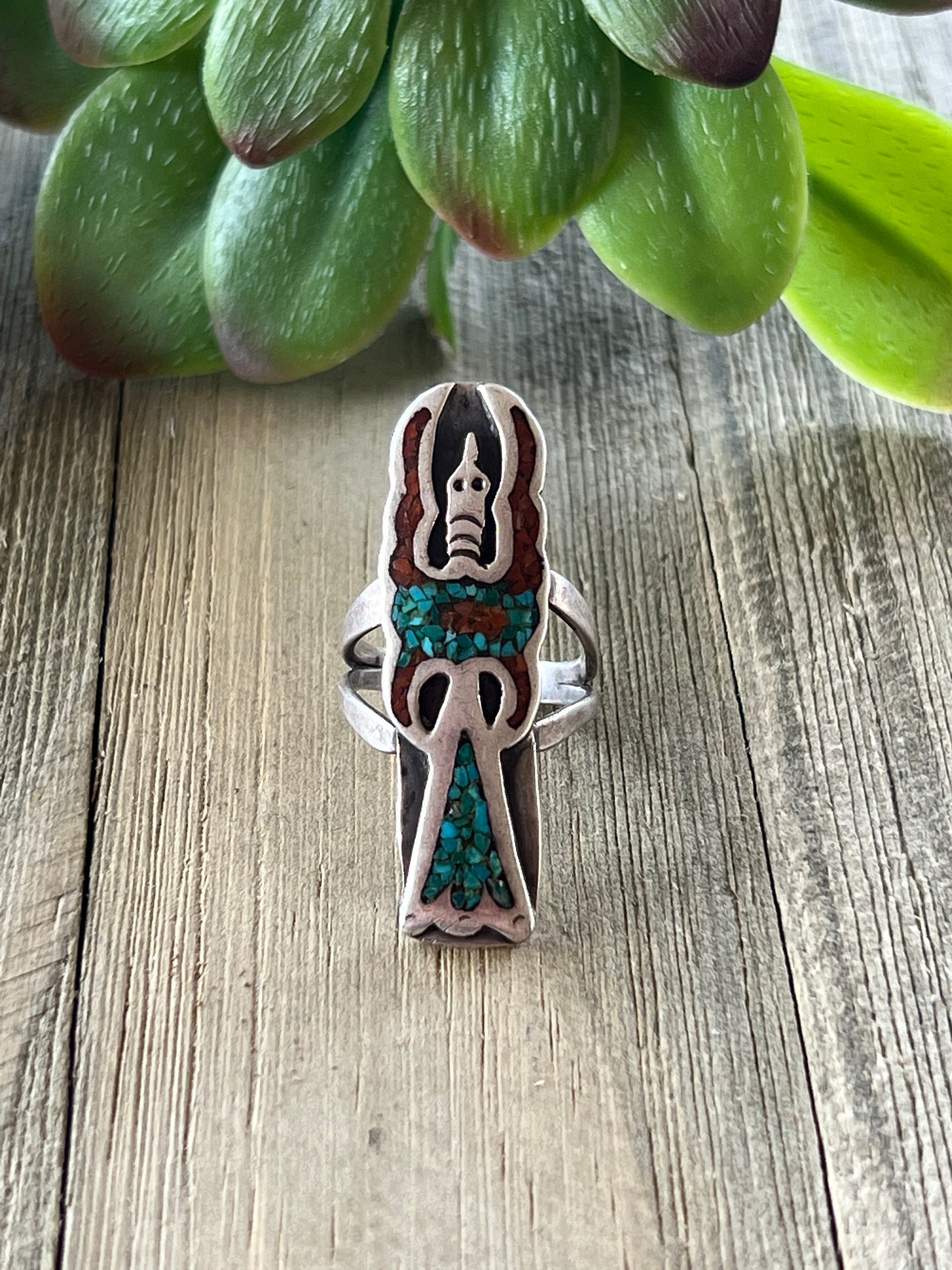 Vintage Navajo Made Multi Stone Flake & Sterling Silver Ring Size 6.25