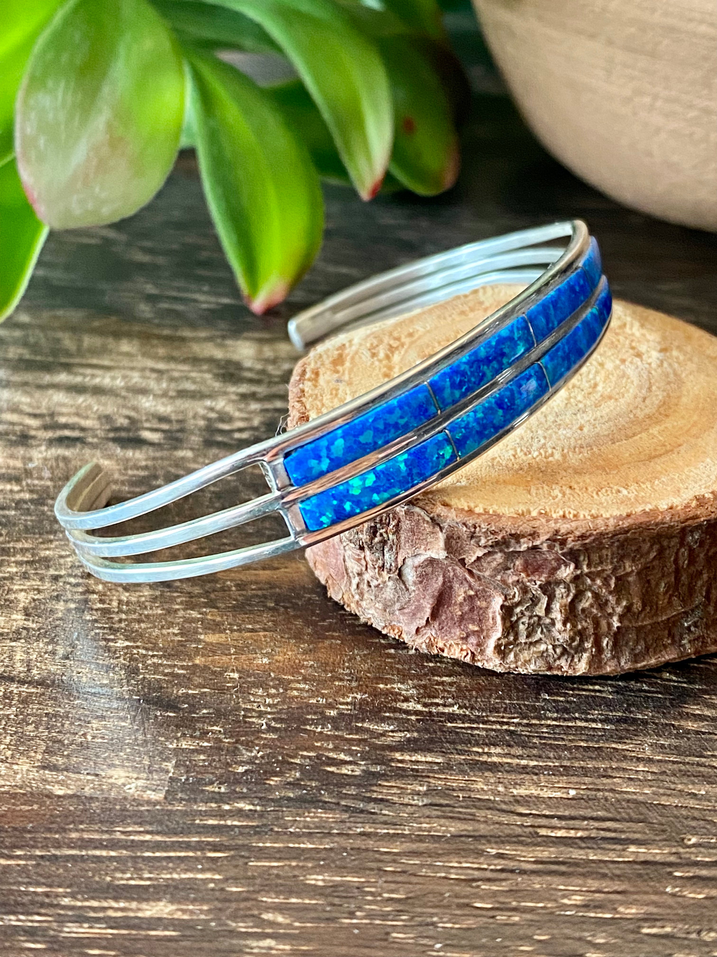 Navajo Made Blue Opal & Sterling Silver Inlay Cuff Bracelet