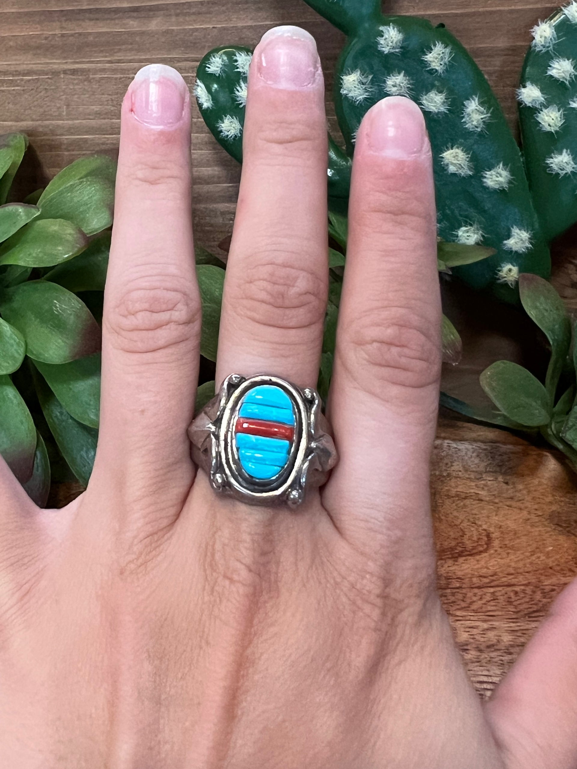 Navajo Turquoise & Coral Sterling Silver Mens Ring Size 10.5