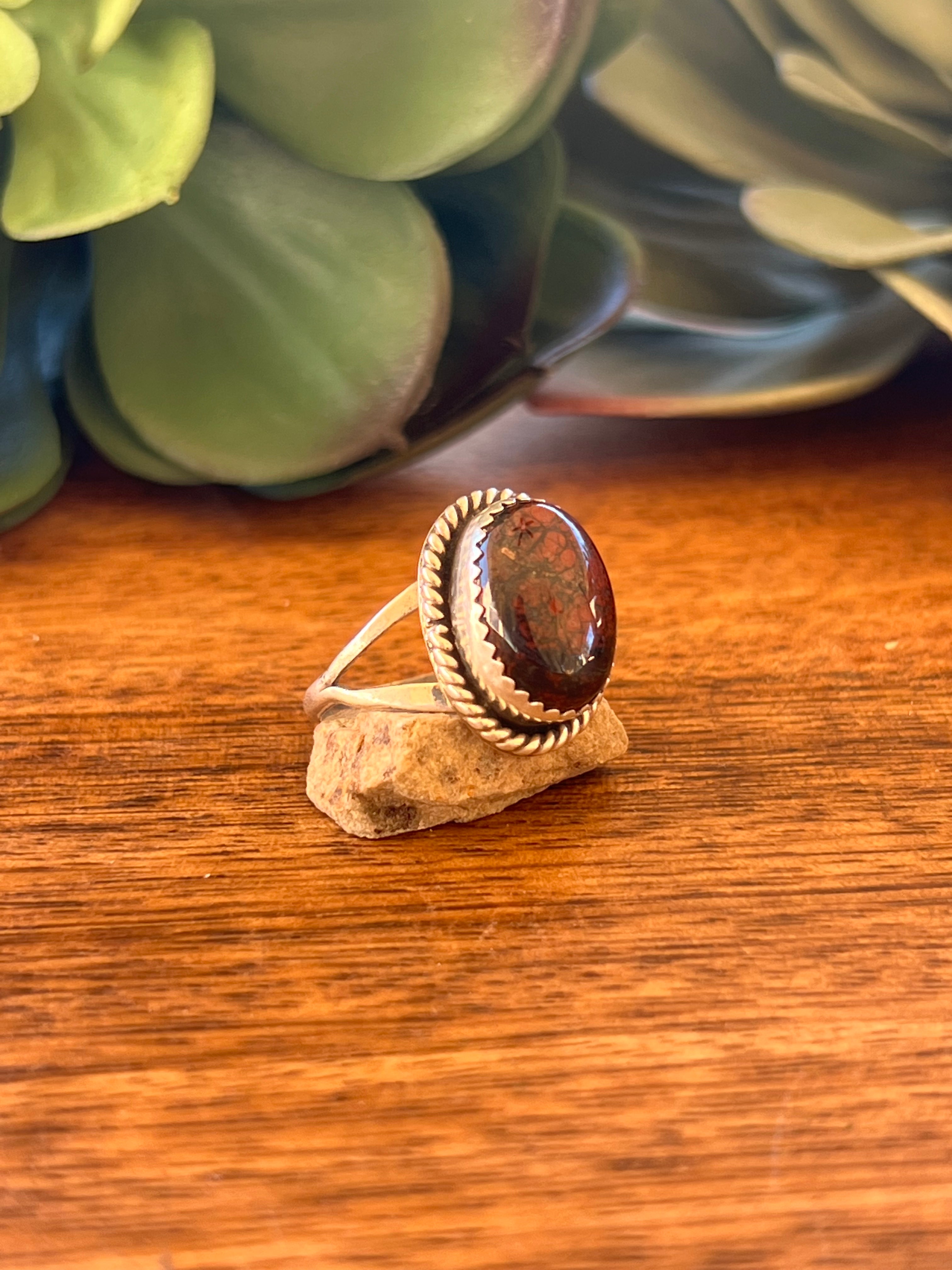 Navajo Made Blood Red & Sterling Silver Ring Size 7.75