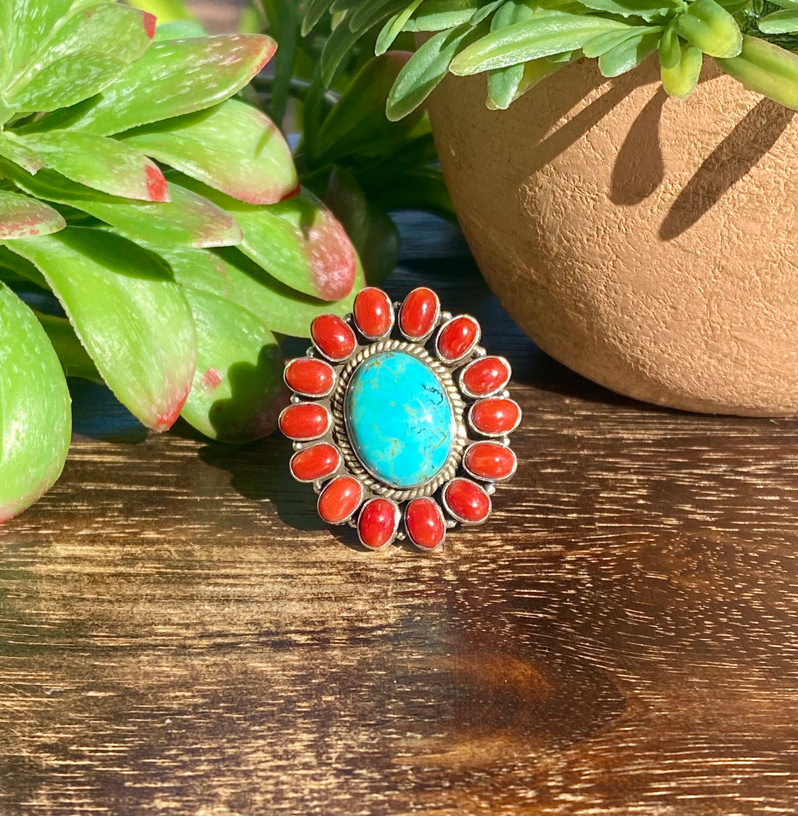 Southwest Handmade Kingman Turquoise & Coral Sterling Silver Adjustable Rings