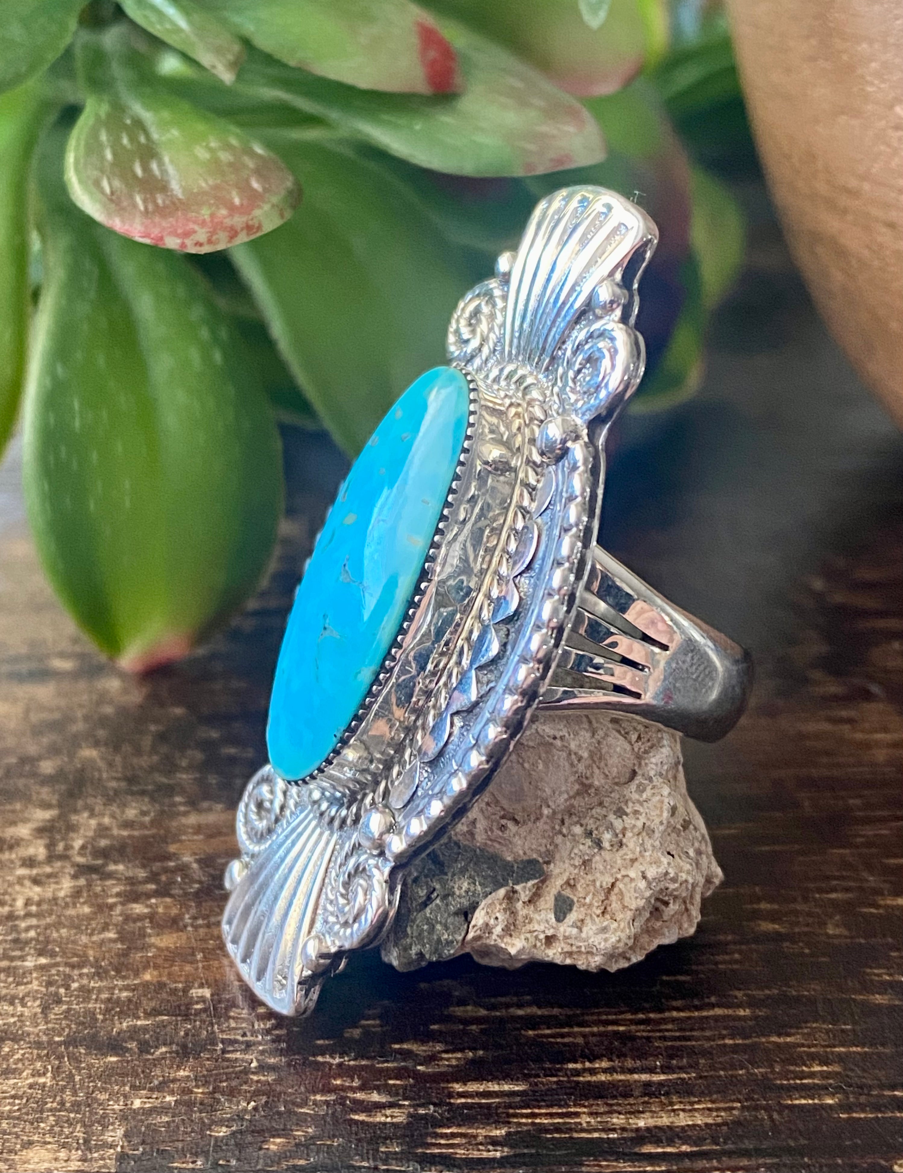 Navajo Made Kingman Turquoise & Sterling Silver Ring Size 7