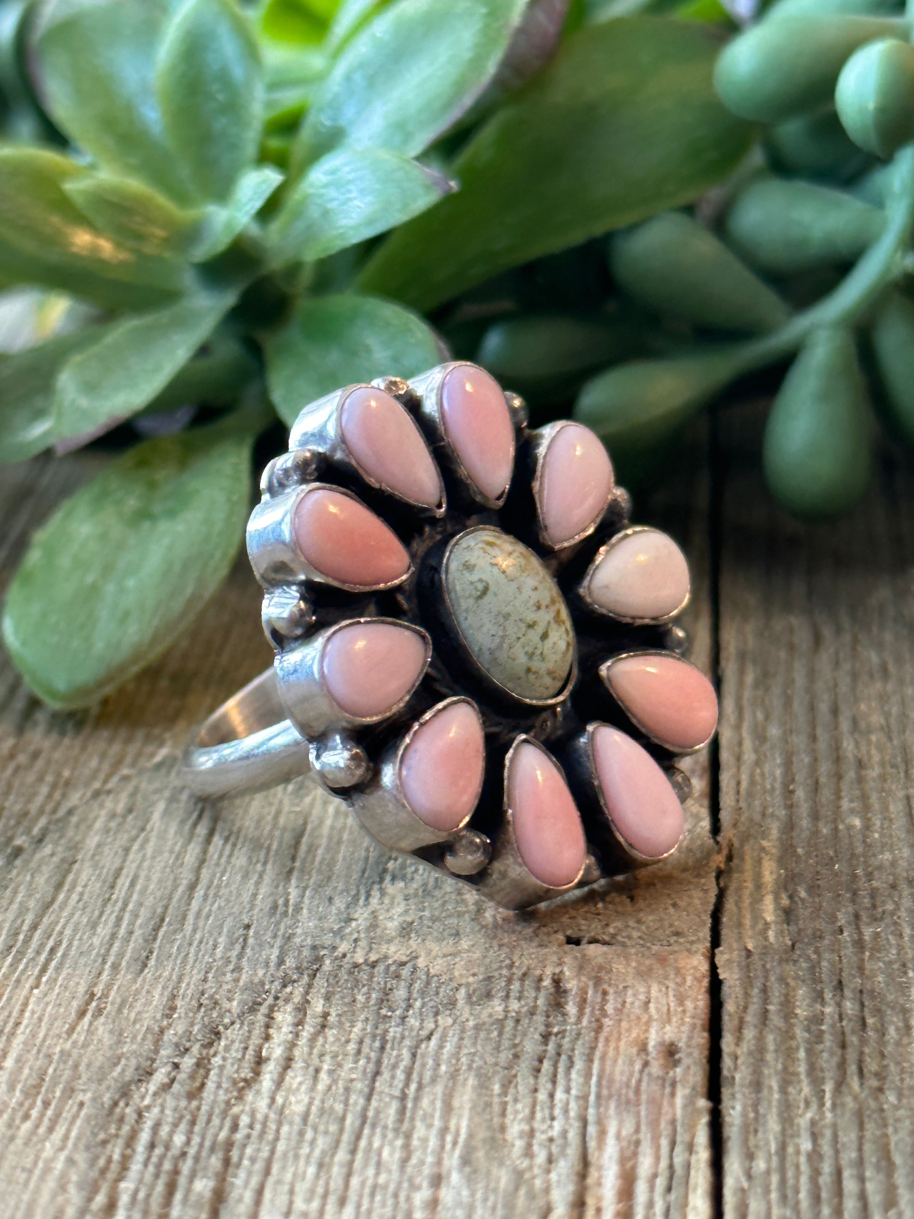 Navajo Made Golden Hill & Pink Conch & Sterling Silver Adjustable Cluster Ring