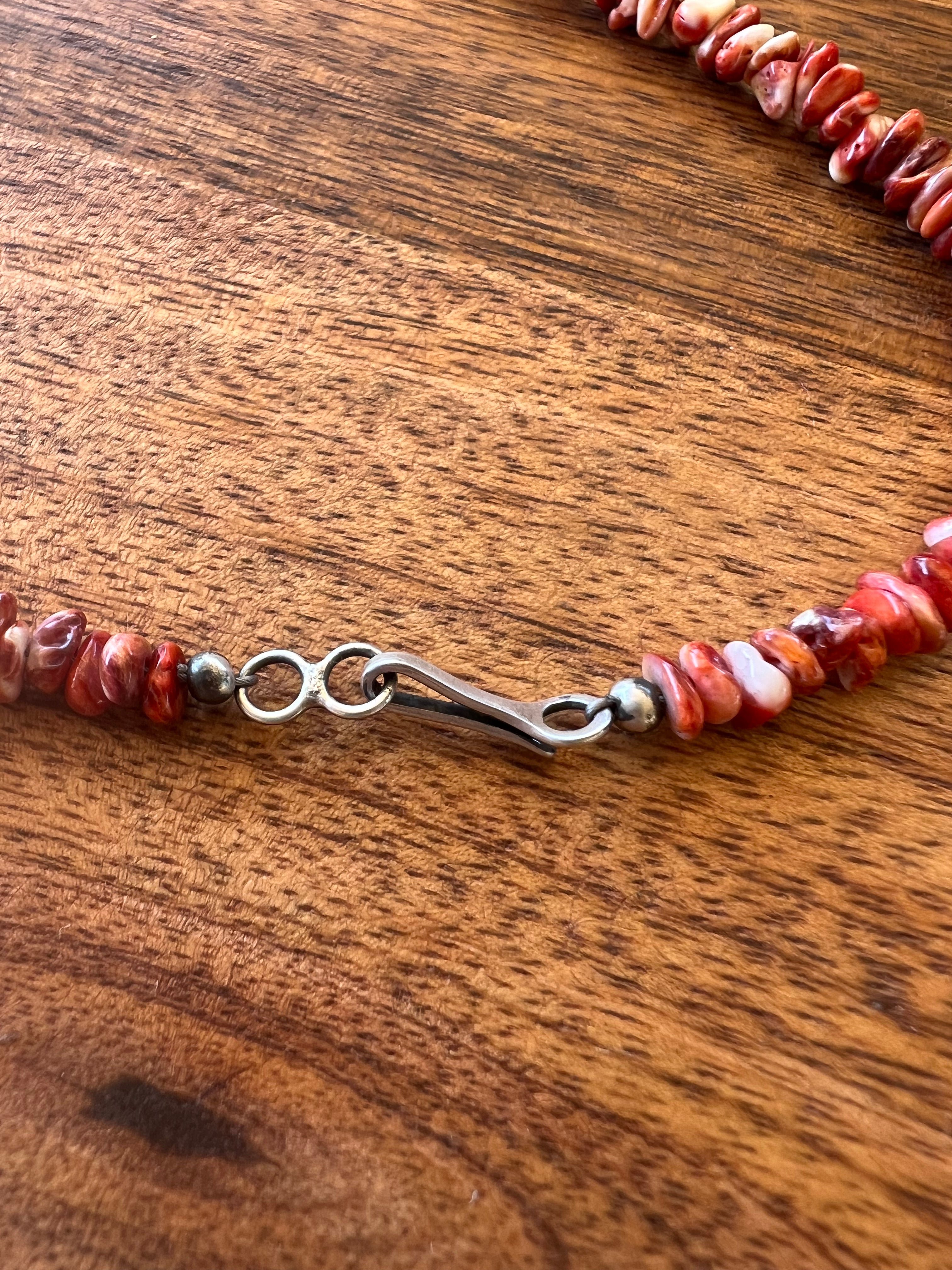 Navajo Made Red Spiny Oyster & Sterling Silver Necklace