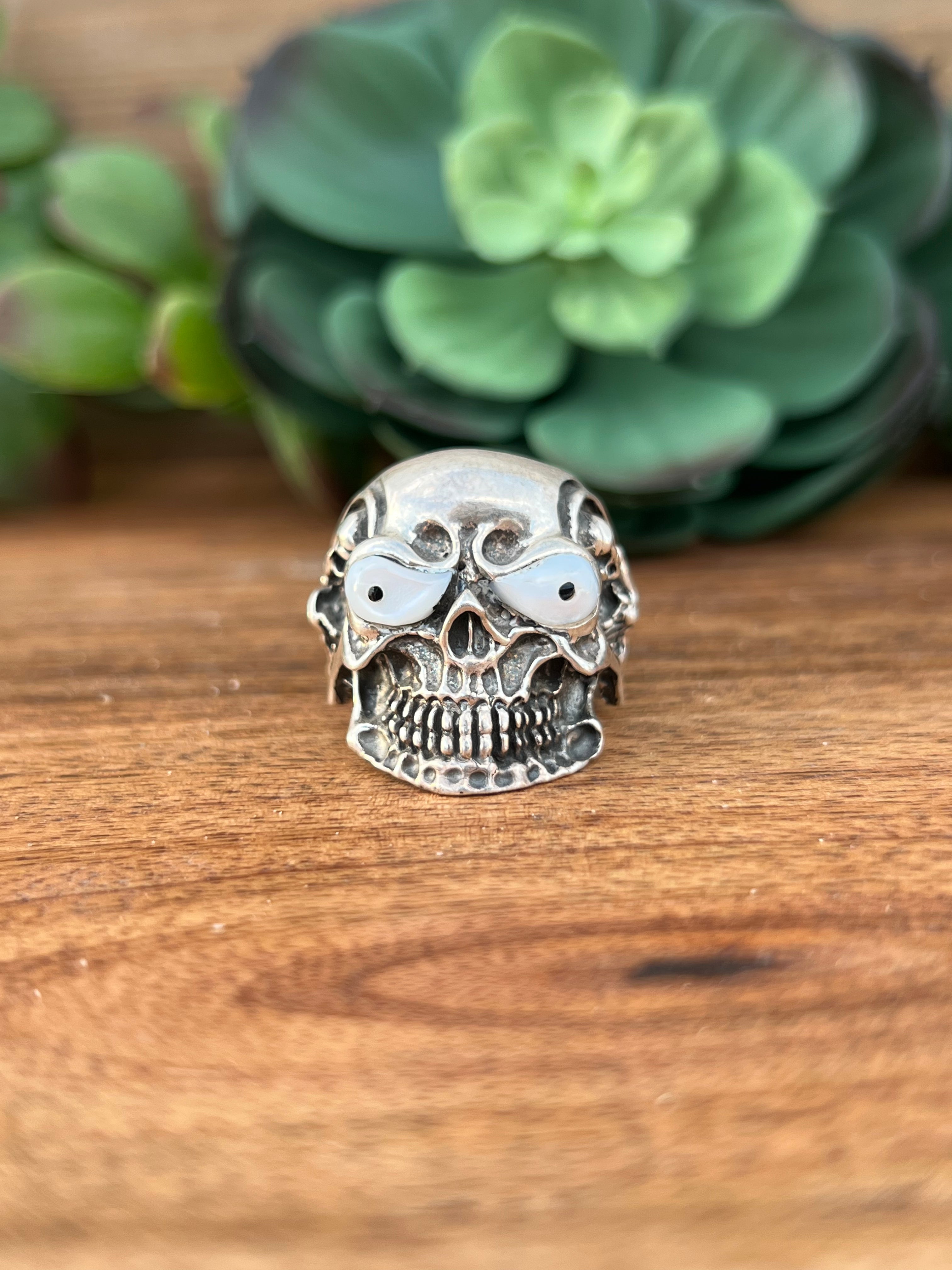 Wilson Dawes Mop & Onyx Sterling Silver Cast Skull Inlay Ring Size 11