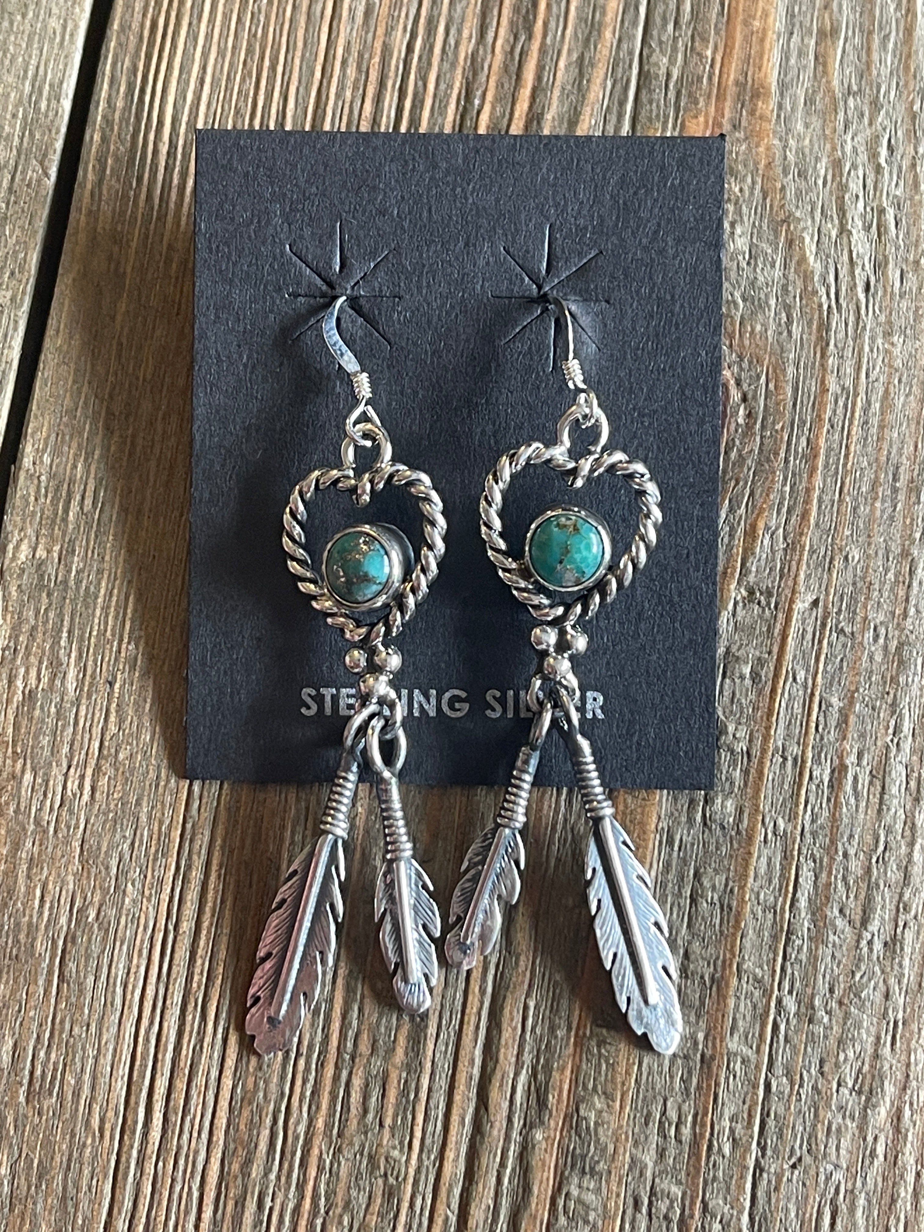 Navajo Kingman Turquoise & Sterling Silver Heart Feather Dangles