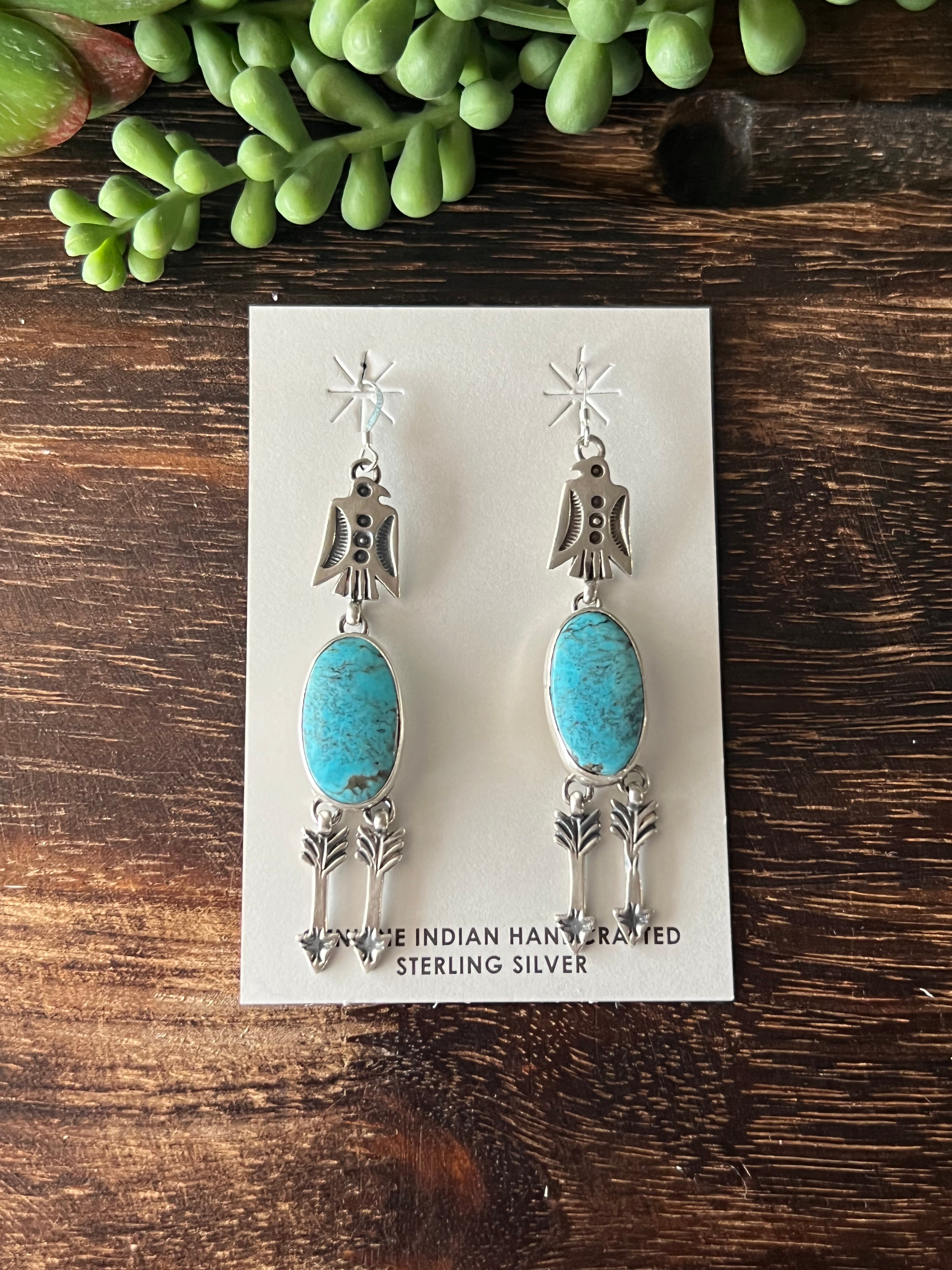 John Begay Kingman Turquoise & Sterling Silver Dangle Thunderbird Earrings