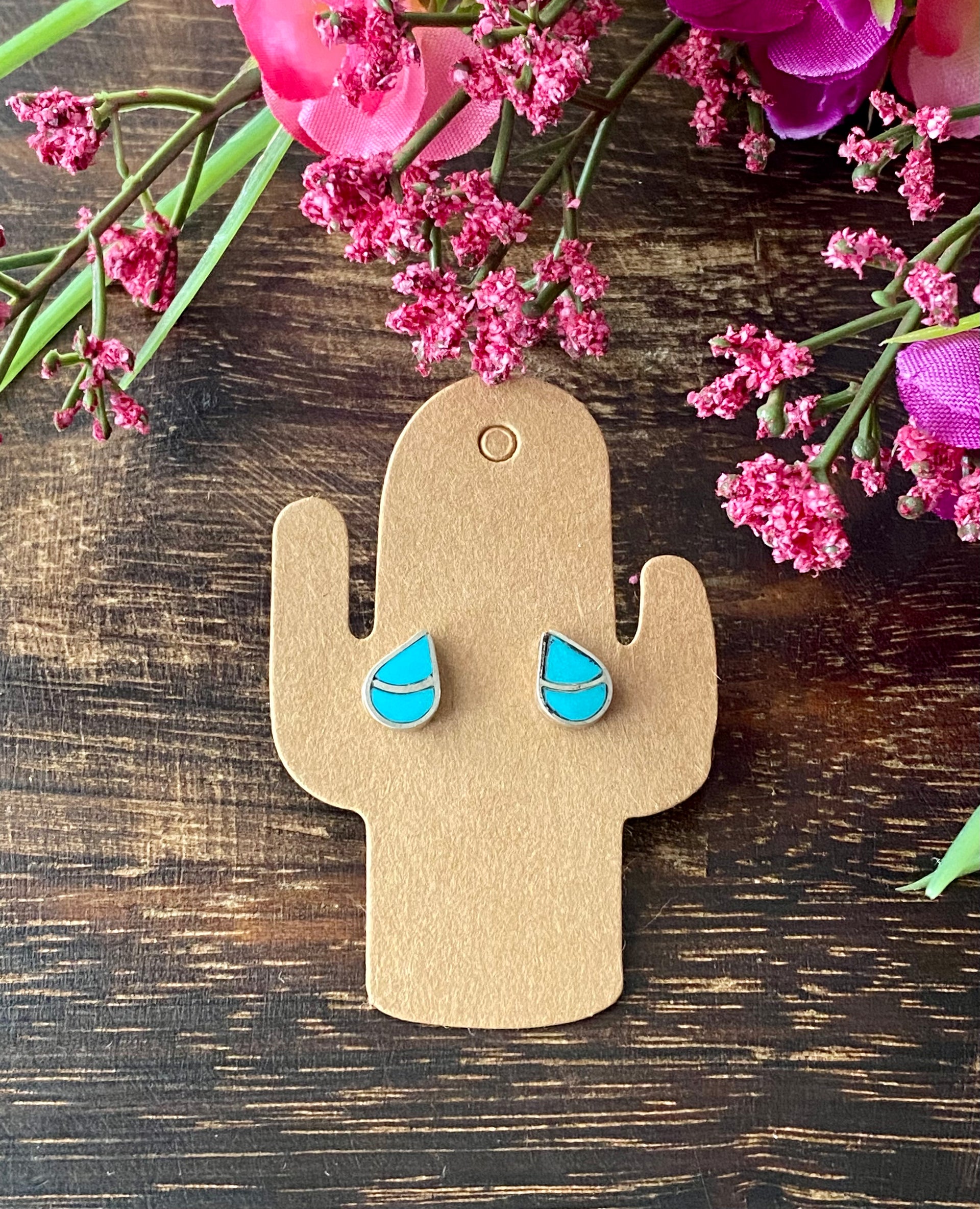 Navajo Made Turquoise & Sterling Silver Inlay Post Studs Earrings