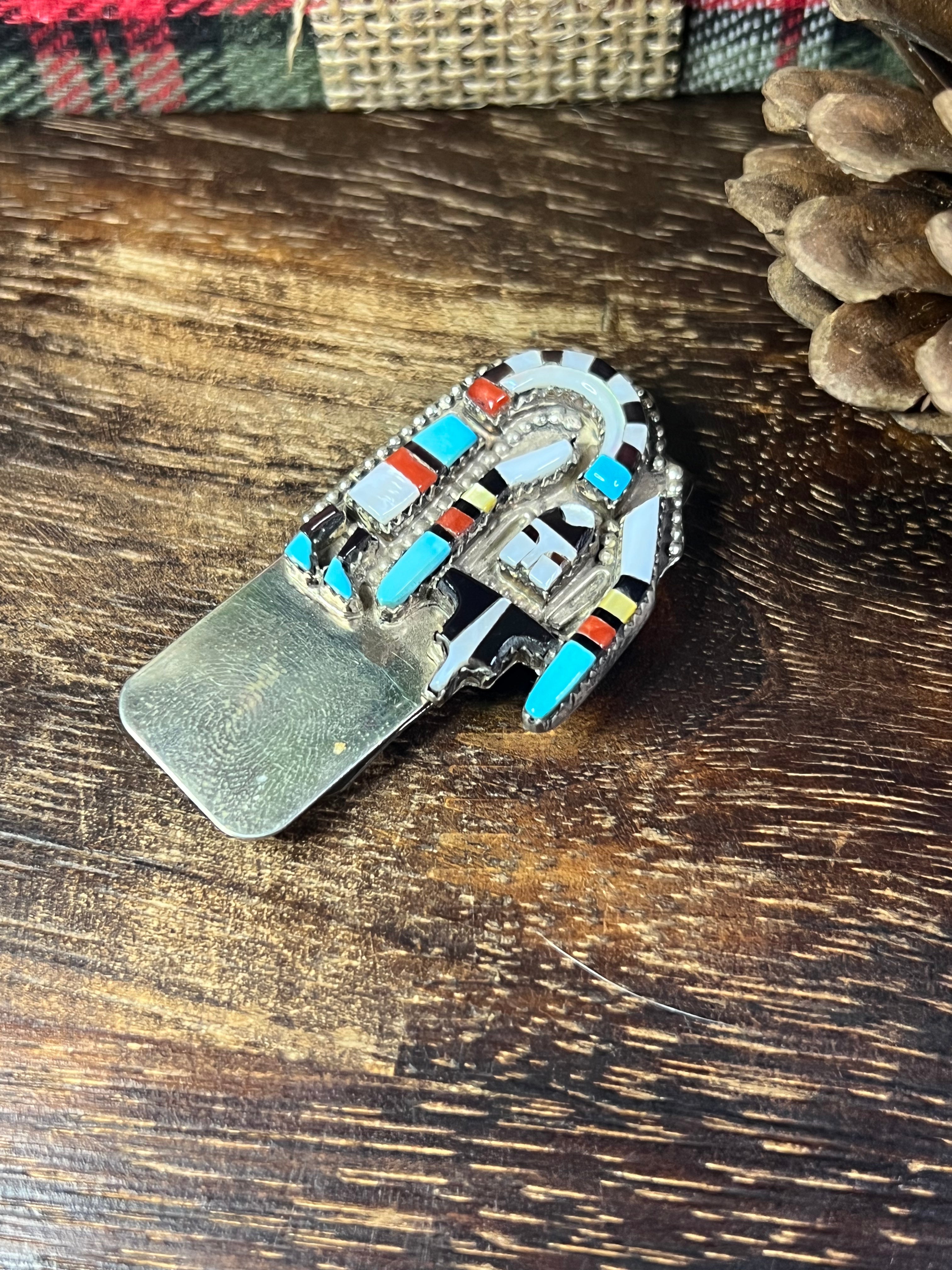 Navajo Made Multi Stone & Sterling Silver Inlay Money Clip