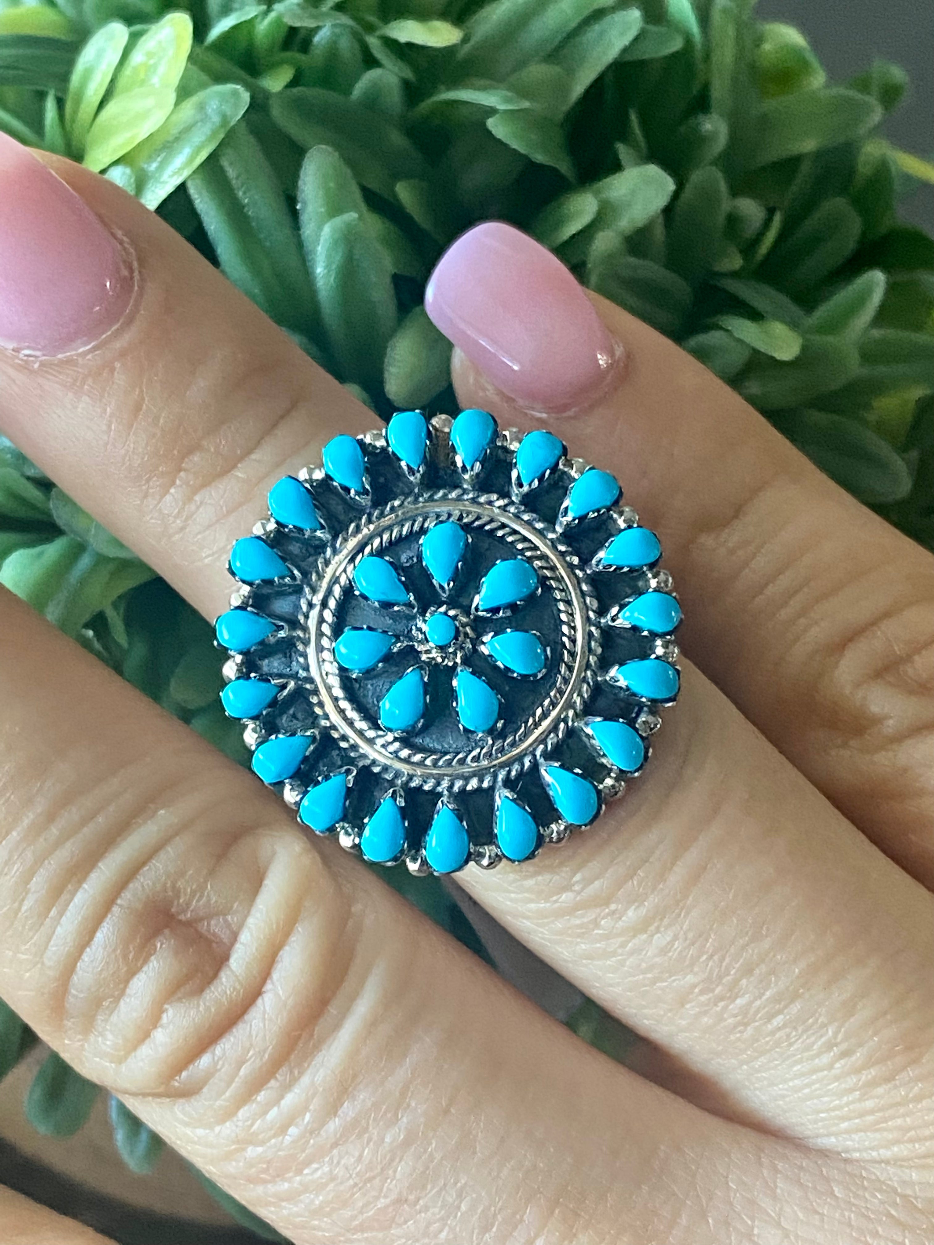 Southwest Handmade Sleeping Beauty Turquoise & Sterling Silver Cluster Ring Size 8.75