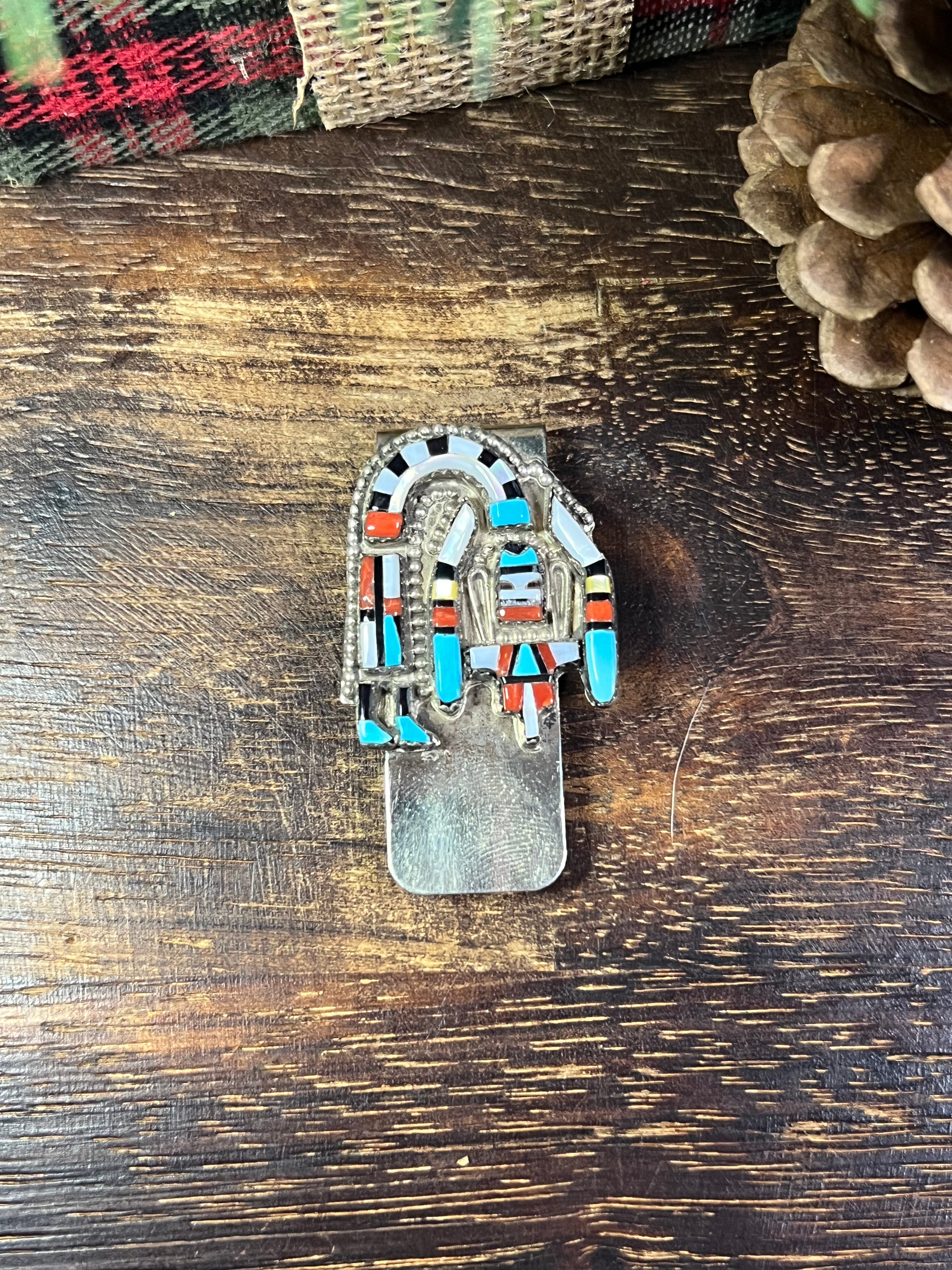 Navajo Made Multi Stone & Sterling Silver Inlay Money Clip