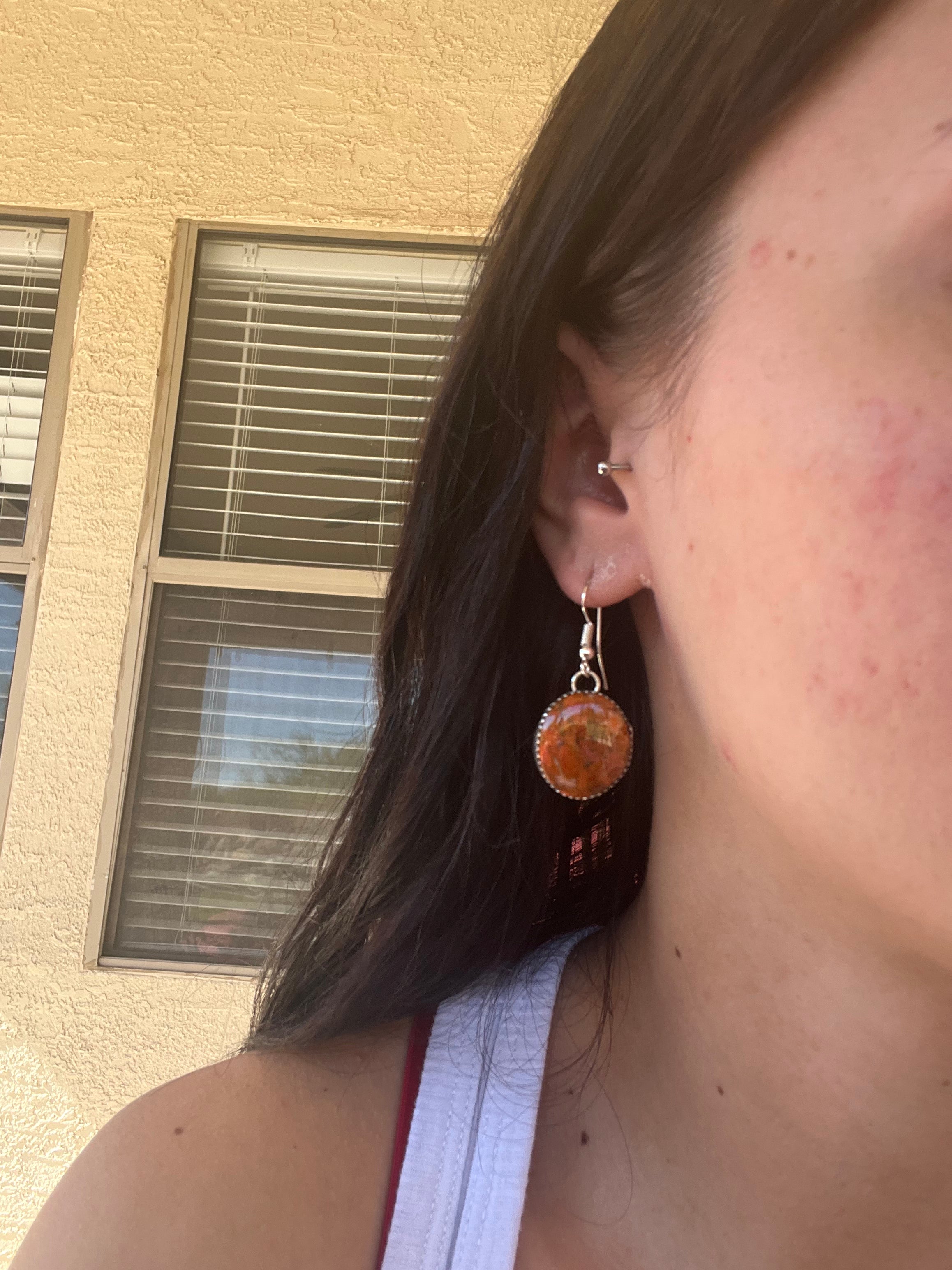 Navajo Made Apple Coral & Sterling Silver Dangle Earrings