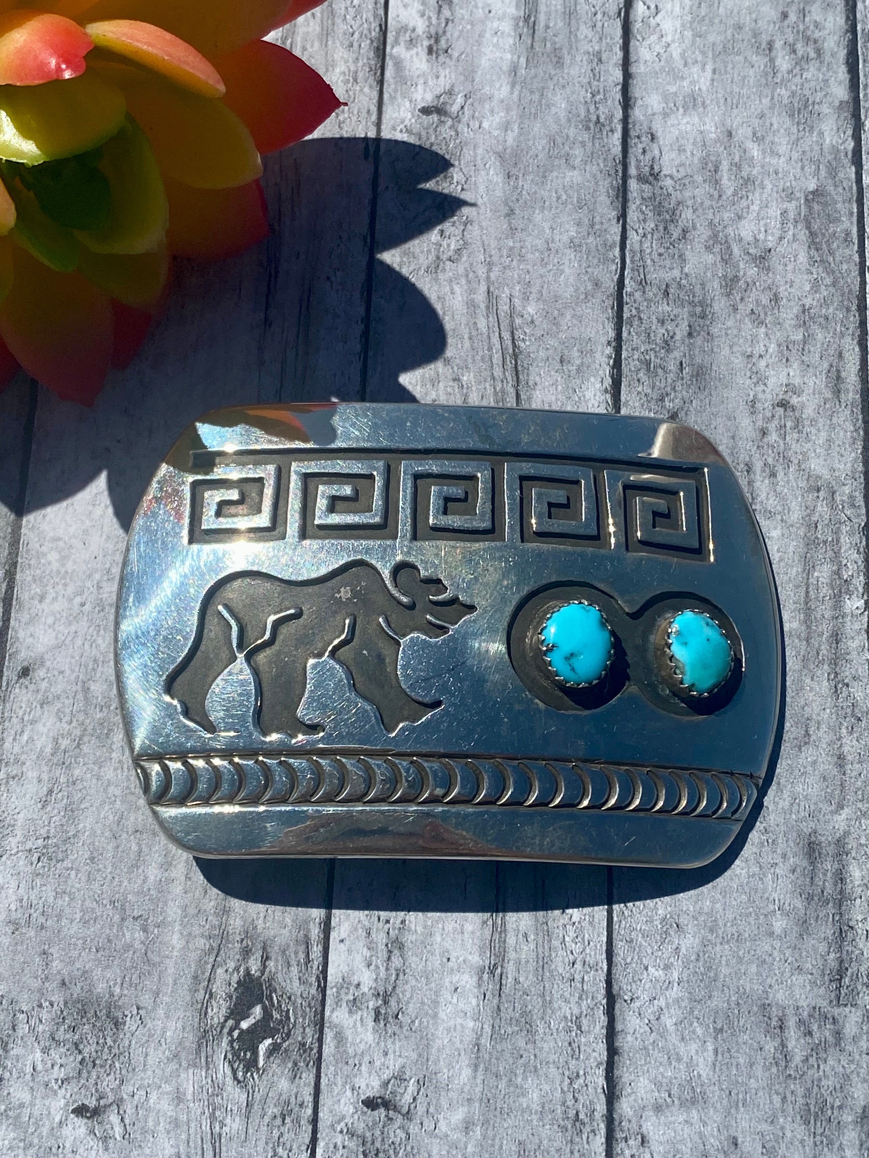 Navajo Made Kingman Turquoise & Sterling Silver Bear Belt Buckle